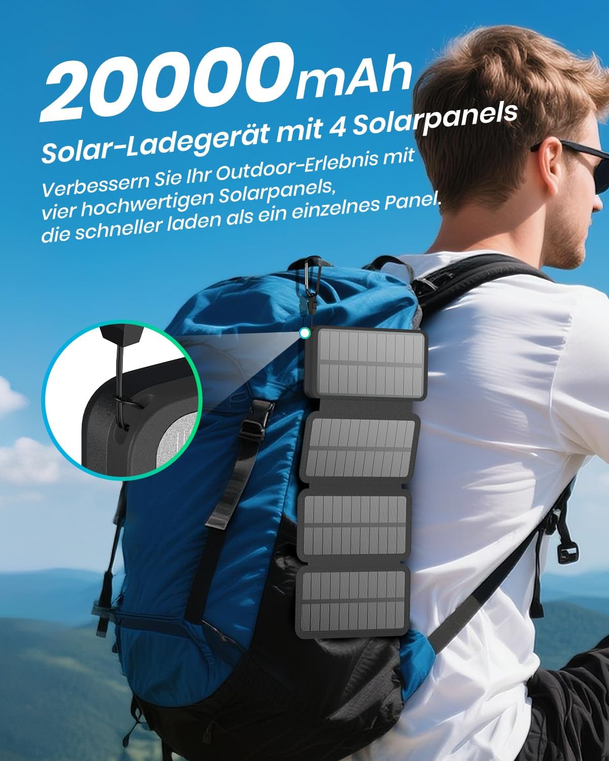 A ADDTOP Solar Powerbank 20000mAh 22,5W USB-C Eing./Ausg. 2xUSB-A Schwarz