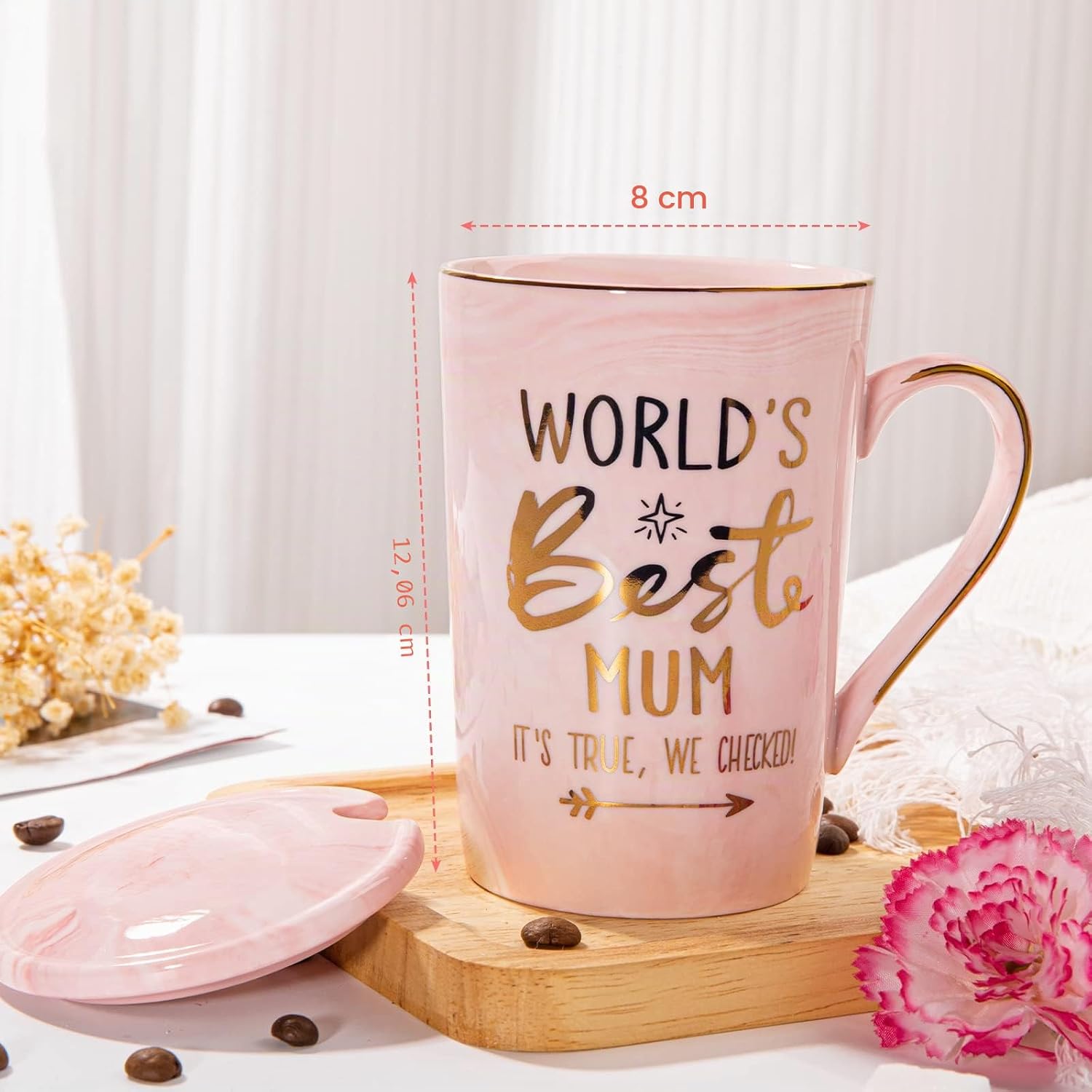 Tasse rosa Marmor mit Deckel Loeffel Geschenkbox Muttertag
