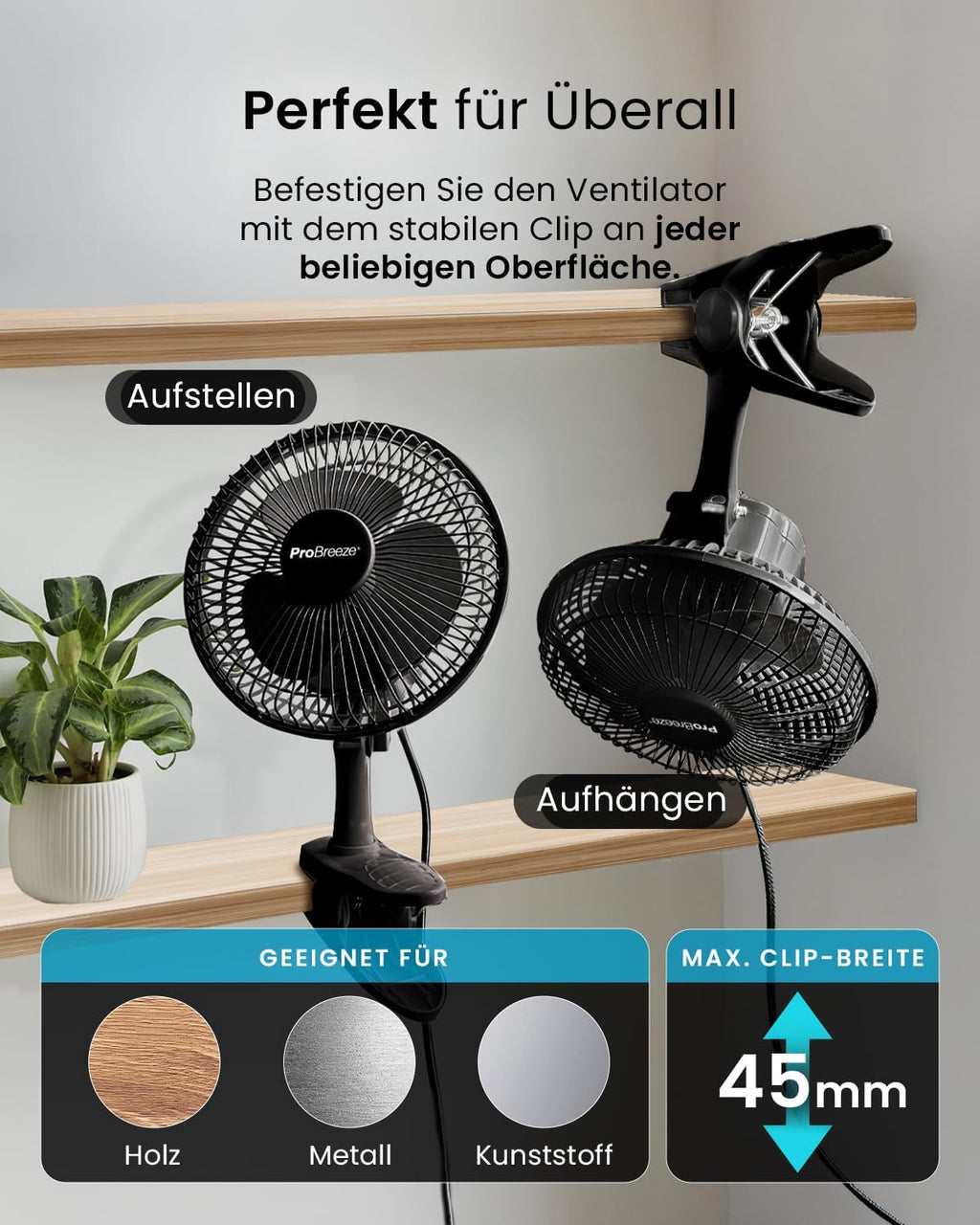 Pro Breeze Tischventilator 20 cm mit Clip, 2 Geschwindigkeiten, leise