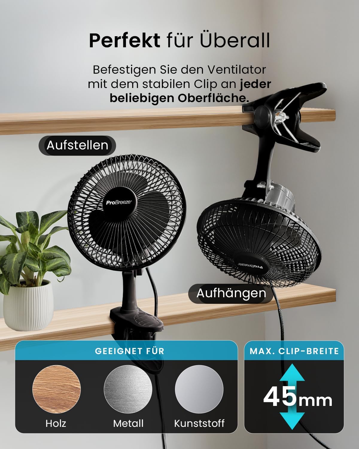 Pro Breeze Tischventilator 20 cm mit Clip, 2 Geschwindigkeiten, leise