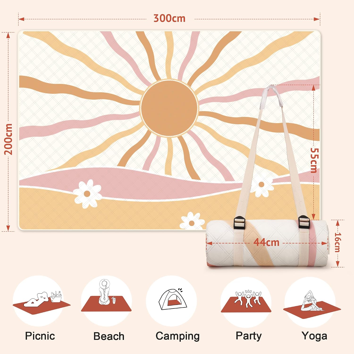 LARUTAN Strand- und Picknickdecke 200 x 200 cm wasserdicht mit Tragegurt 200cm-3