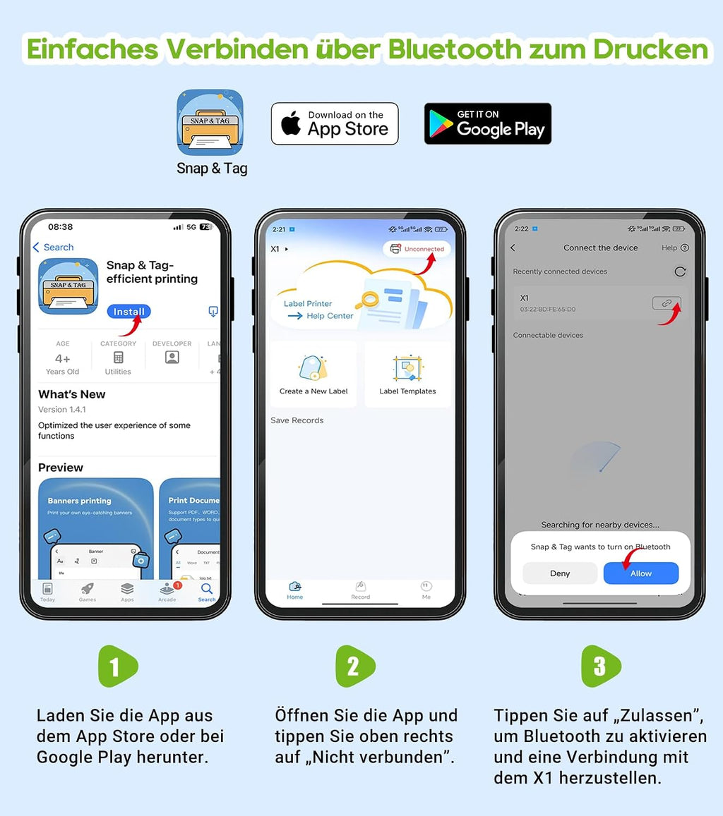 ORGBRO X1 Etikettendrucker Bluetooth Thermodrucker tragbar fuer iOS Android