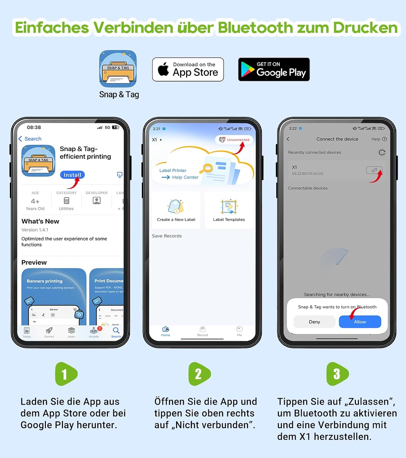 ORGBRO X1 Etikettendrucker Bluetooth Thermodrucker tragbar fuer iOS Android