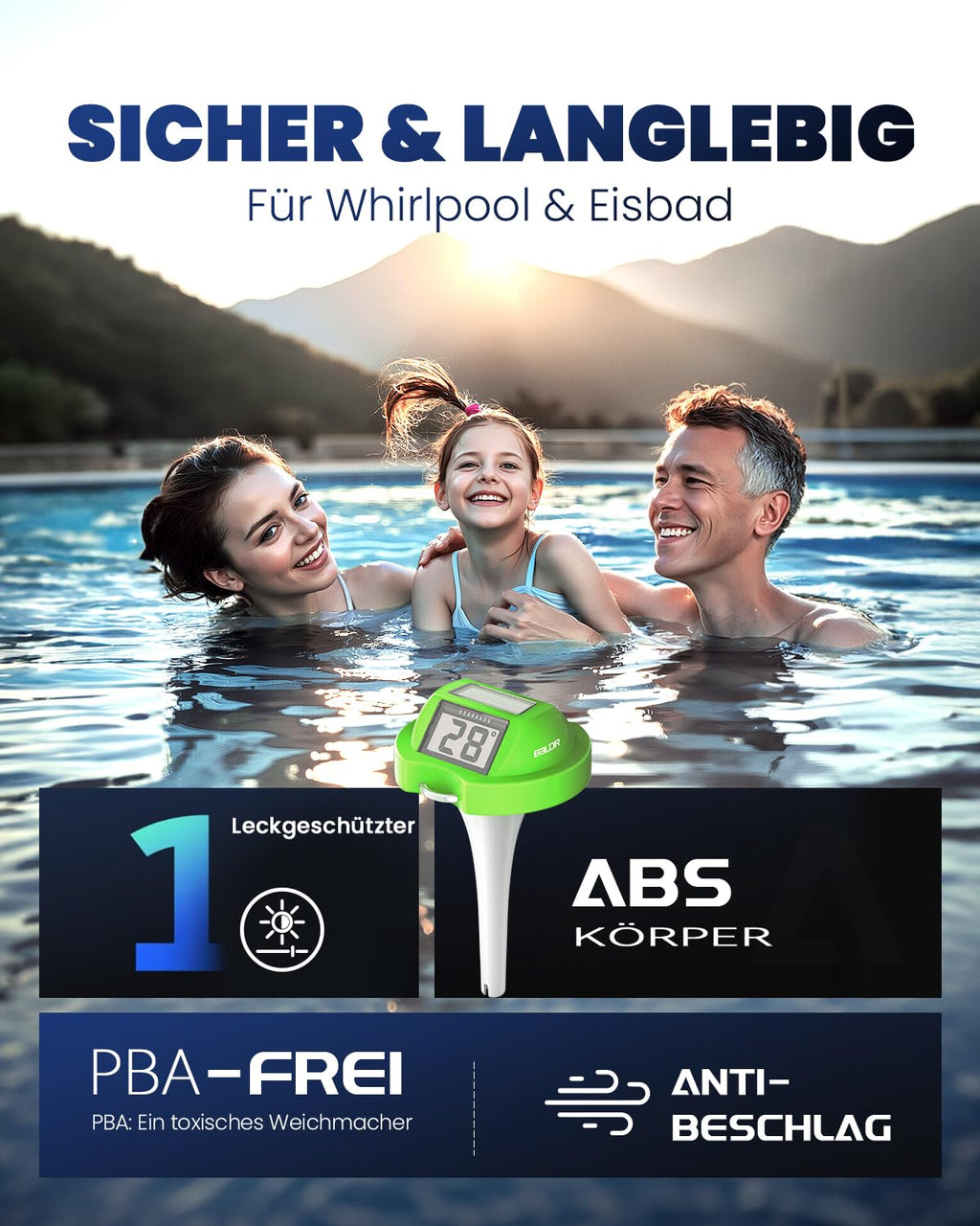BALDR Solarschwimmer Poolthermometer mit zwei Displays, IPX7 wasserdicht