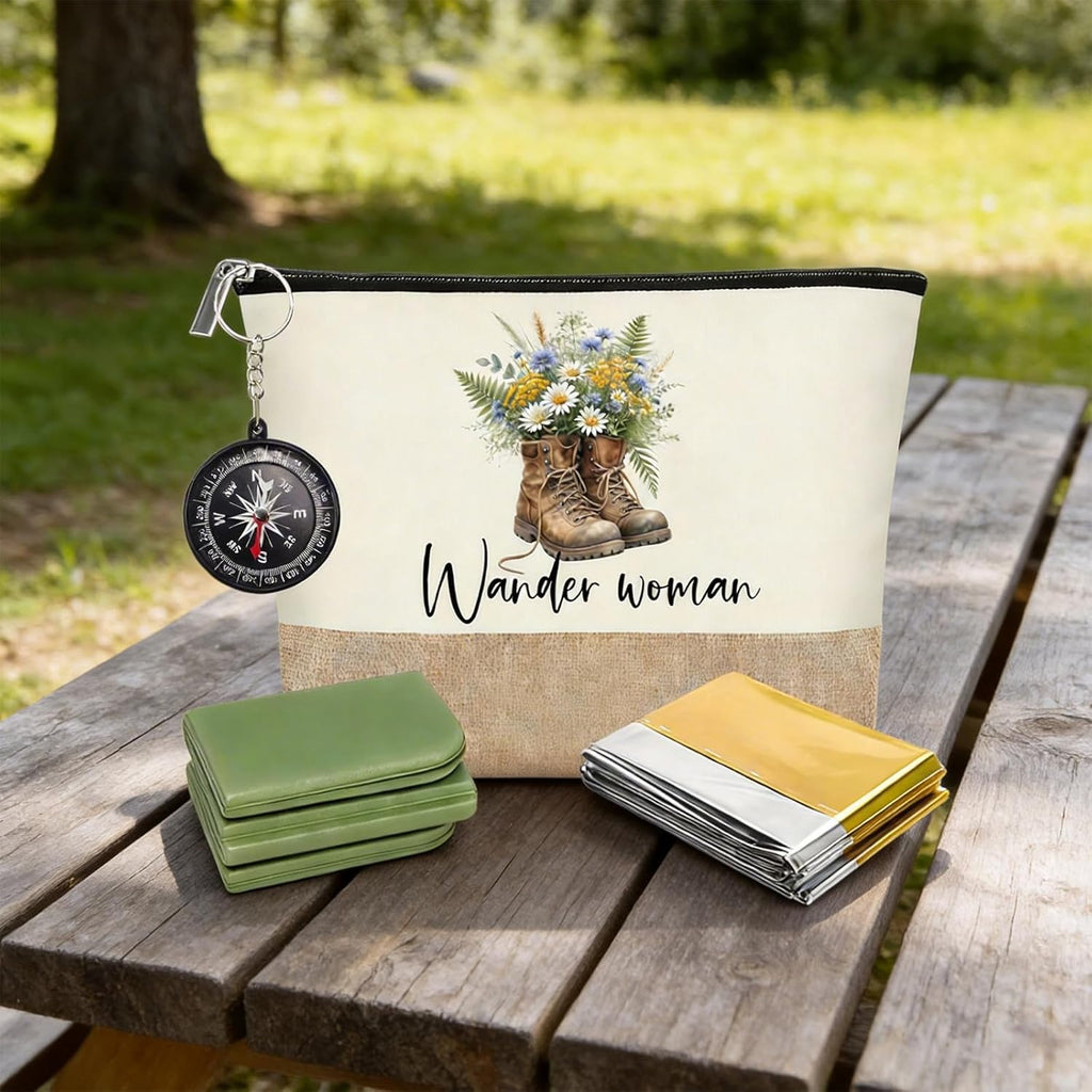 Wander-Set Damen 4-teilig: Kosmetiktasche, Sitzkissen, Kompass, Waermedecke