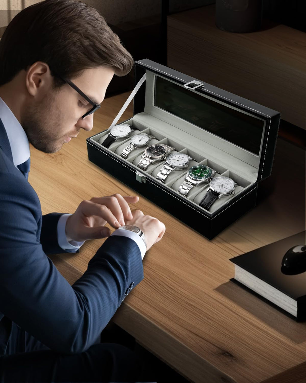 Ohuhu Uhrenbox 6 Faecher mit Glasdeckel Uhrenaufbewahrung