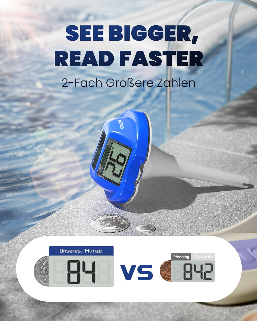 BALDR Solarschwimmer Poolthermometer mit zwei Displays, IPX7 wasserdicht