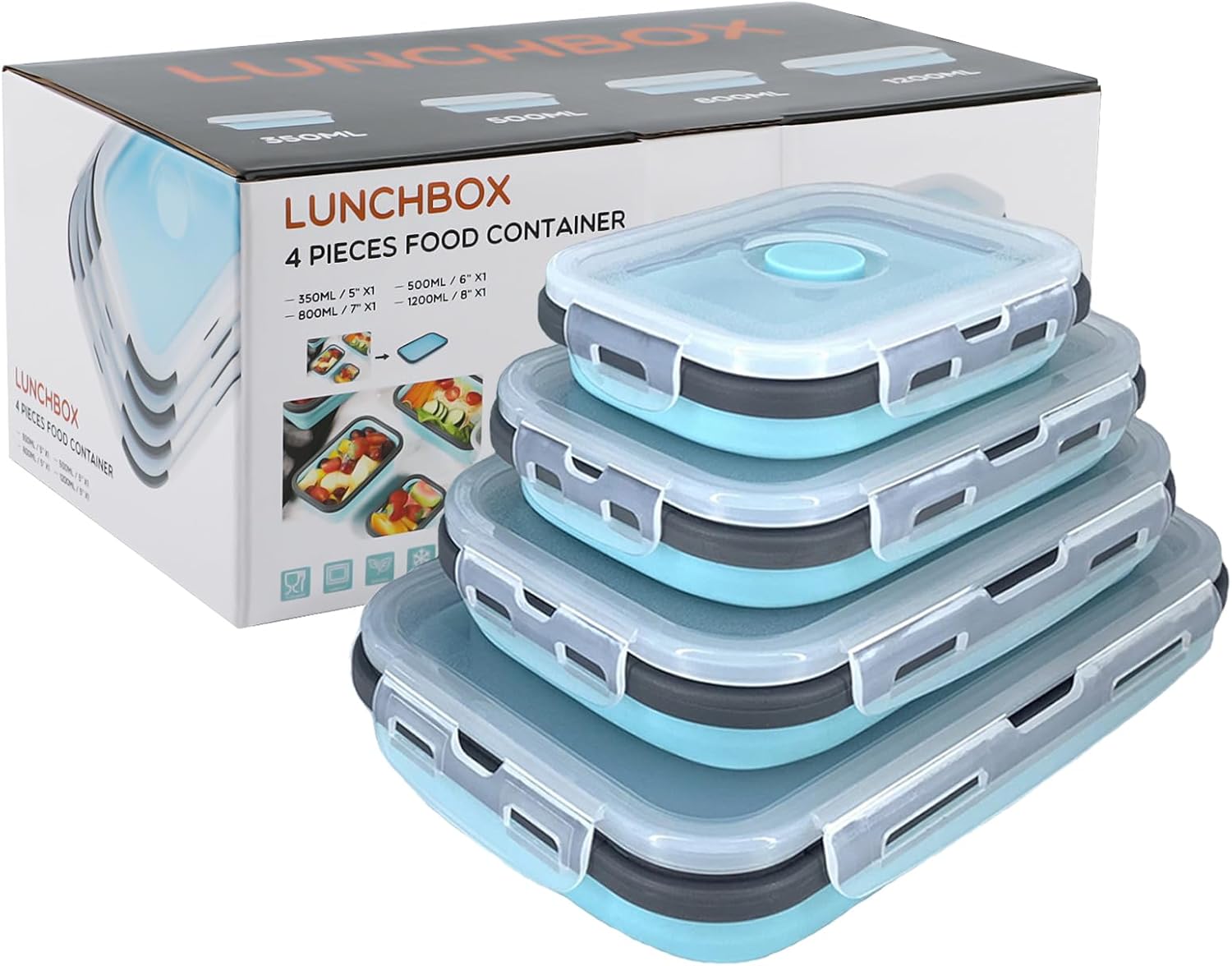 Silikon Aufbewahrungsbox klappbar mit Deckel 4er Set Blau Grau