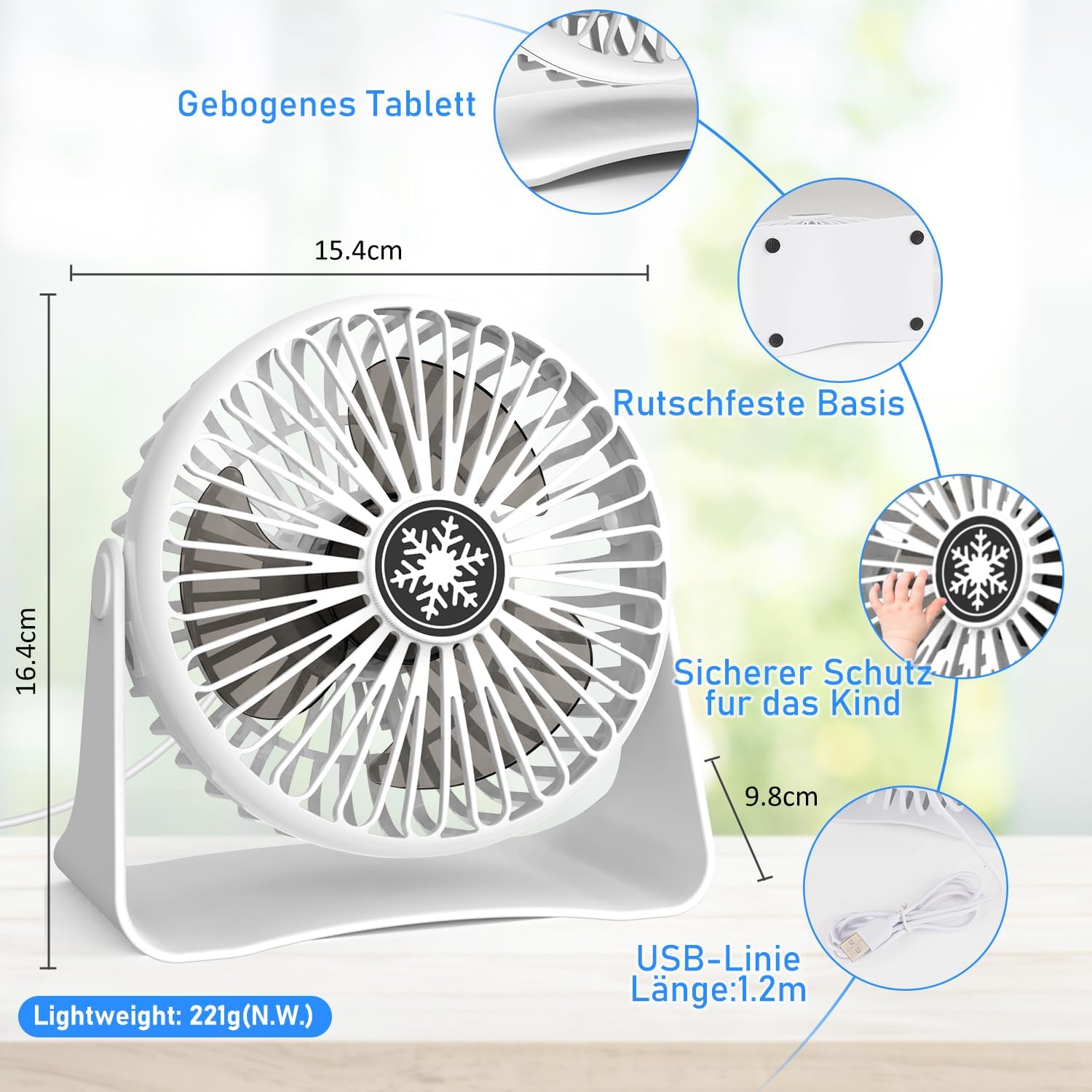 JATEKA Mini USB Tischventilator 3 Stufen 360° schwenkbar leise schwarz