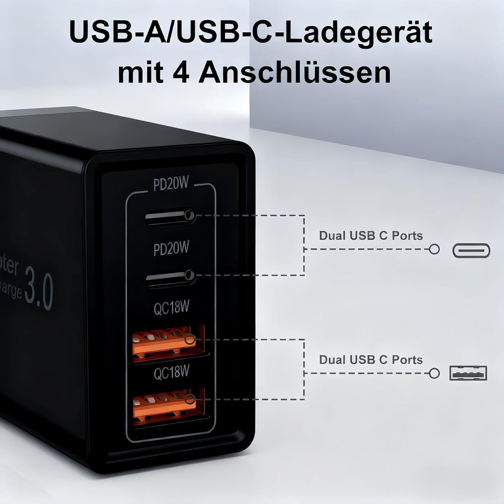 45W USB C Ladegeraet 4 Port Schnellladegeraet mit USB A und USB C