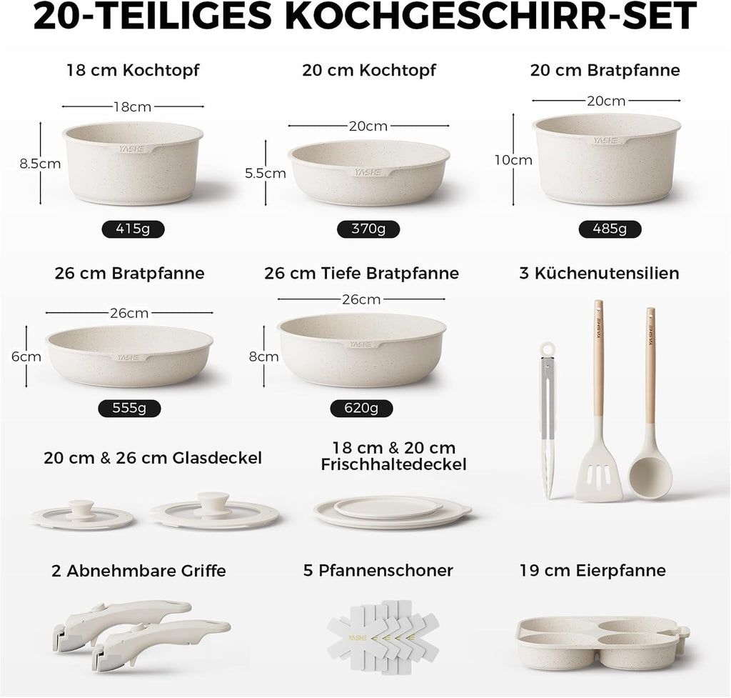 YASHE Topf- und Pfannenset 20-teilig mit abnehmbaren Griffen Induktion Grau