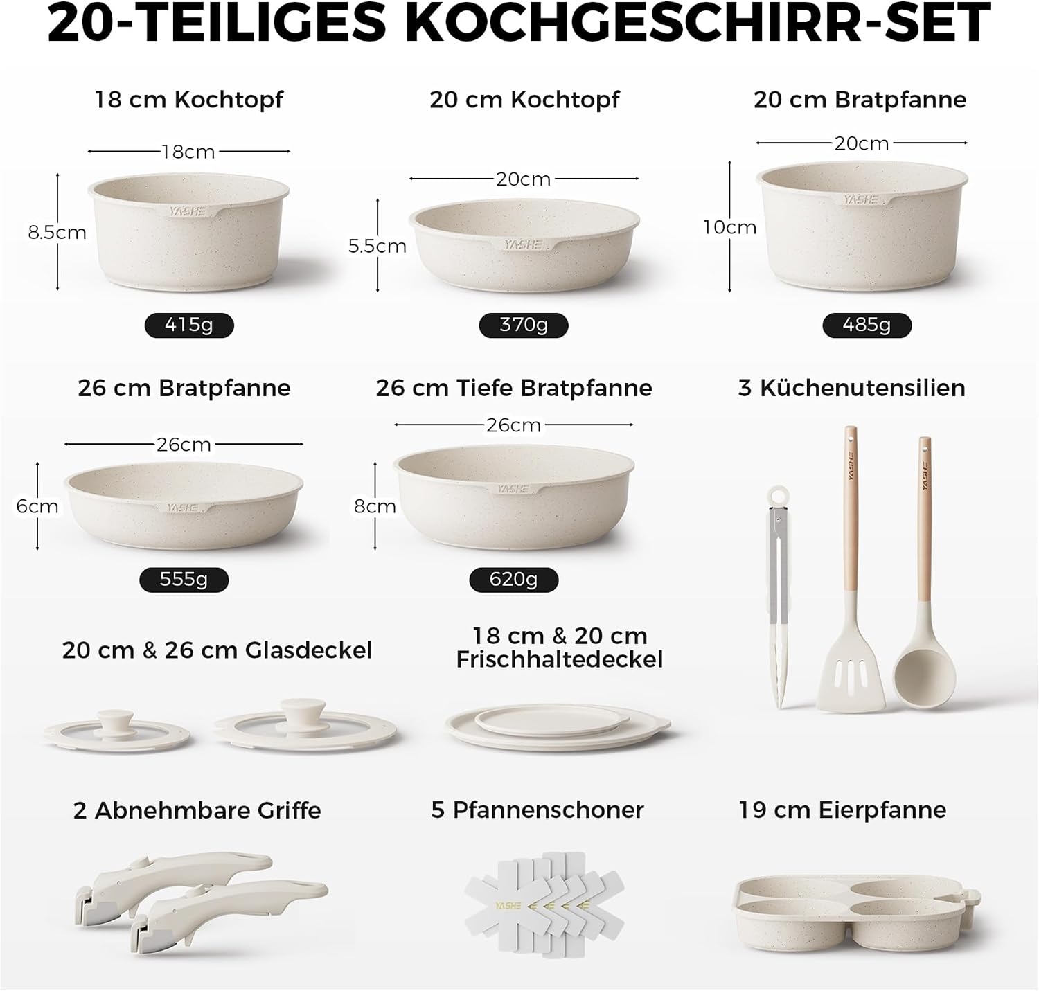 YASHE Topf- und Pfannenset 20-teilig mit abnehmbaren Griffen Induktion Grau