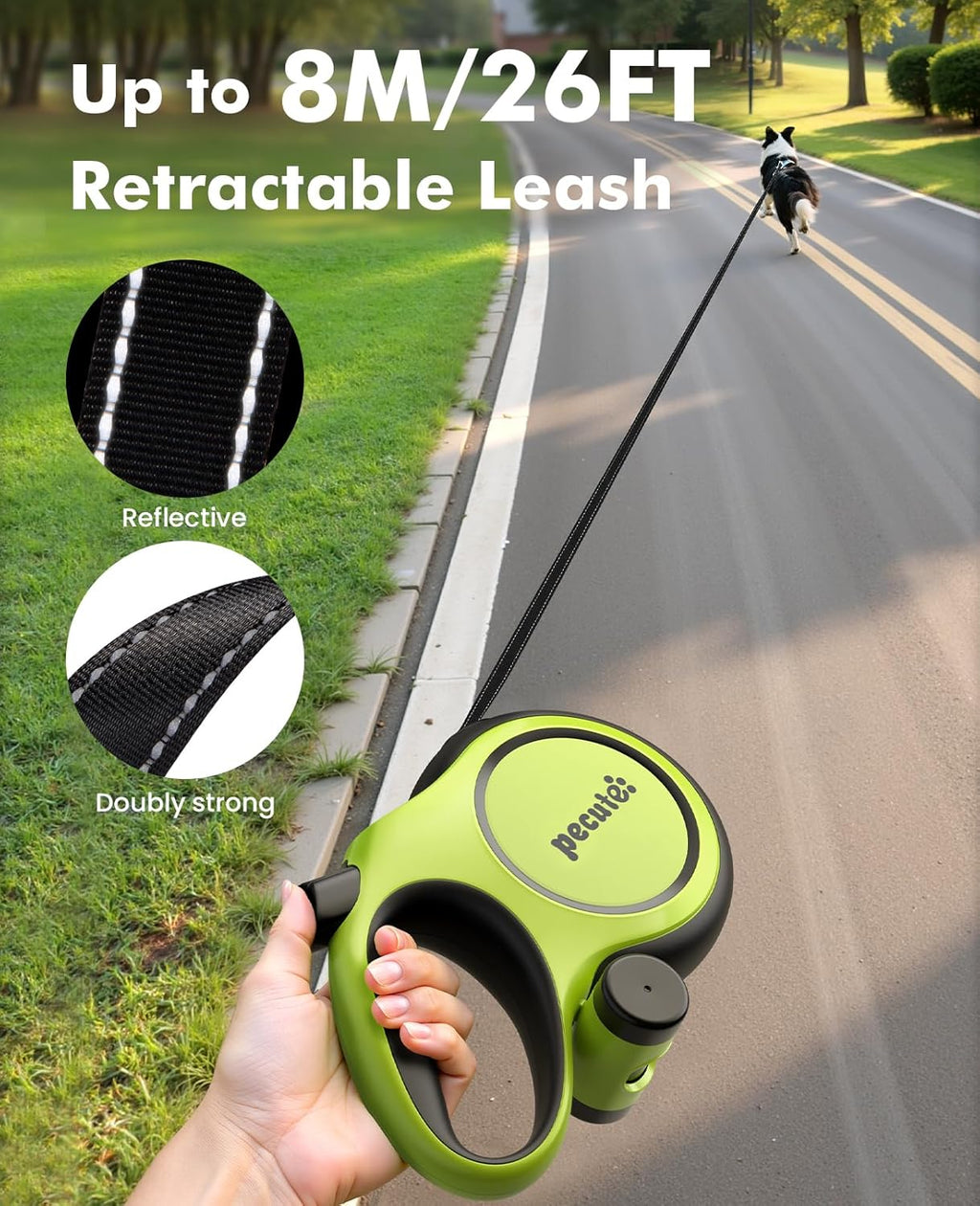 pecute 8 m Roll-Leine reflektierend 360° Anti-Verwicklung mit Kotbeutelhalter