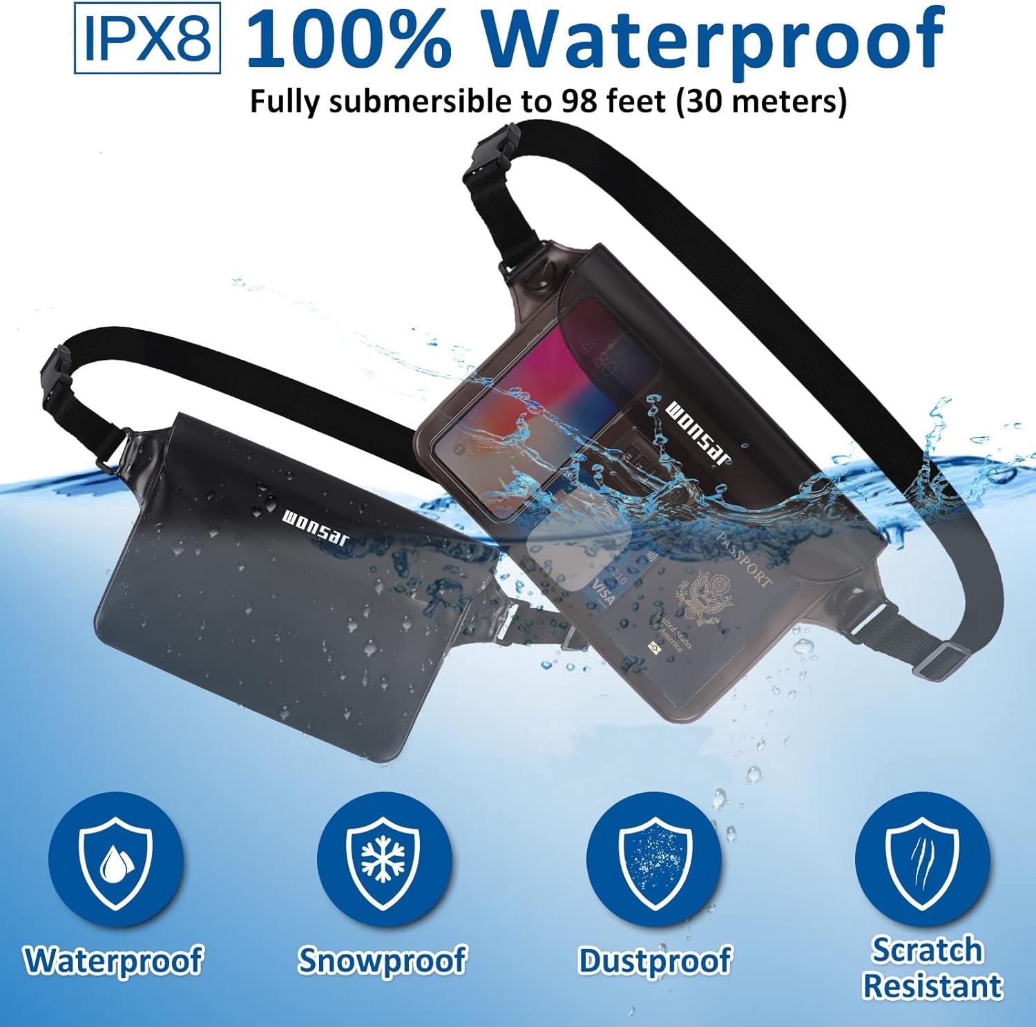 WONSAR wasserdichte Handyhuelle Beutel mit verstellbarem Gurt, transparent
