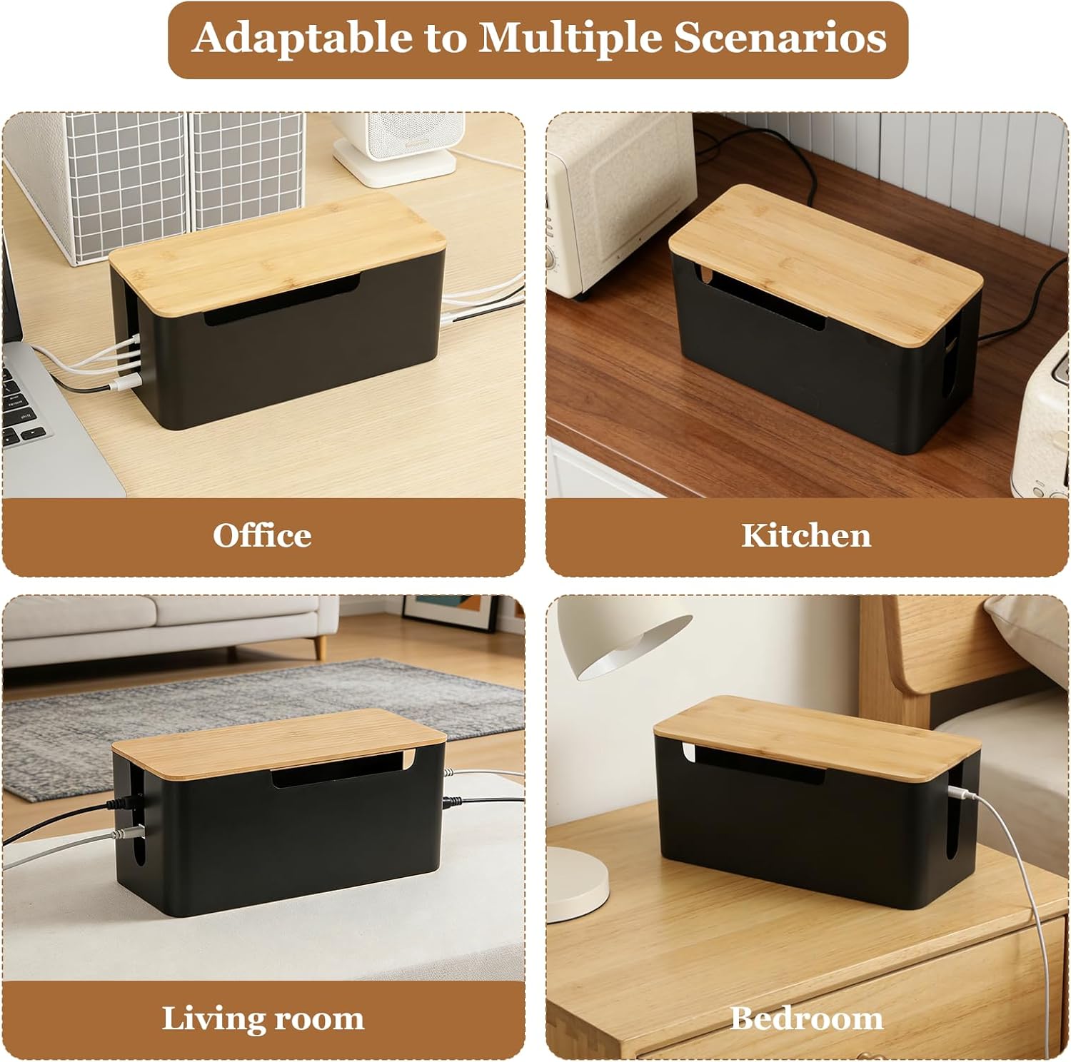 Kabelbox 2er Set schwarz gross und klein mit Holzdeckel Kabel Organizer