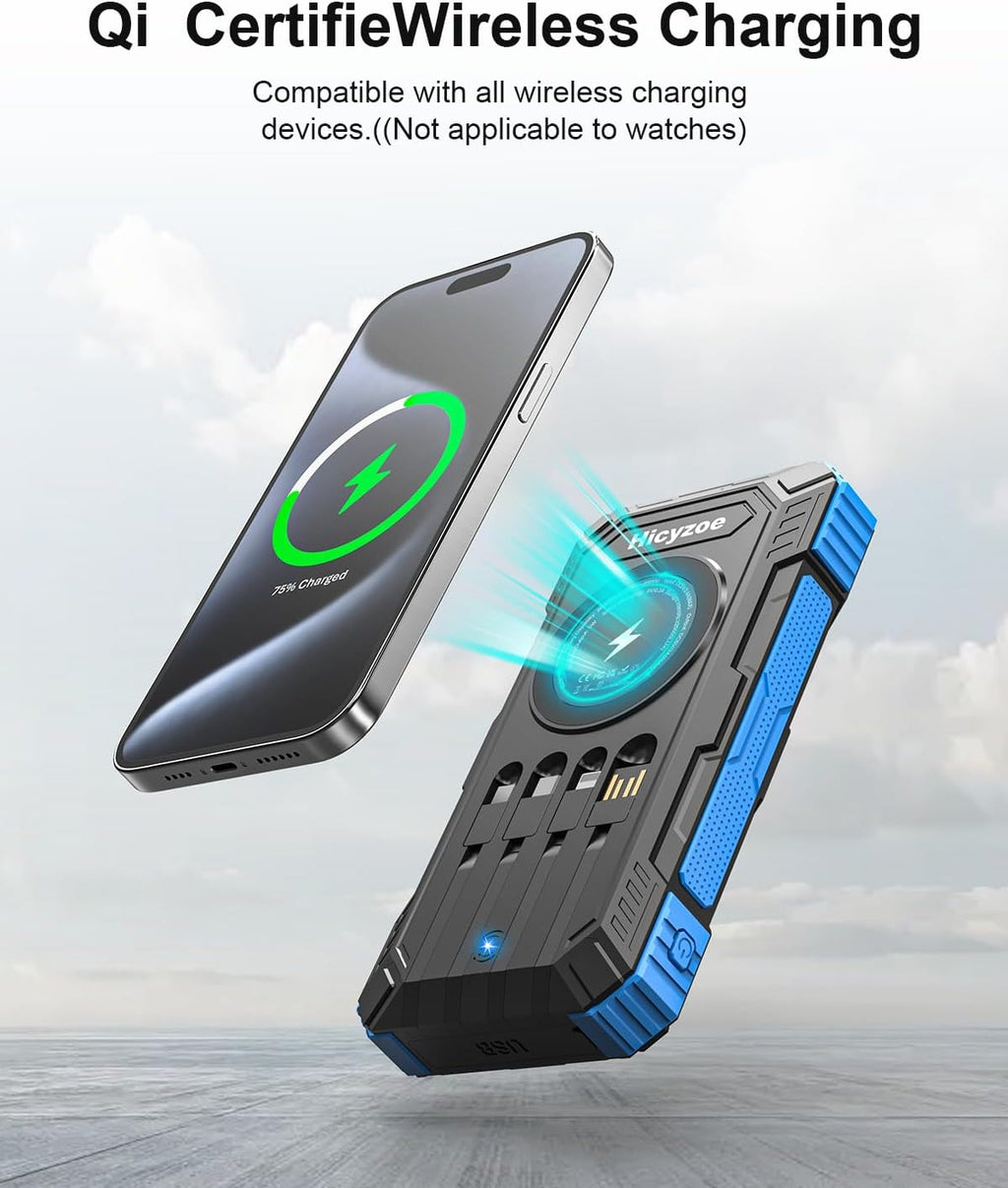 Solar Powerbank 26800 mAh mit integrierten 4 Kabeln USB‑C Schnellladung Qi Wirel