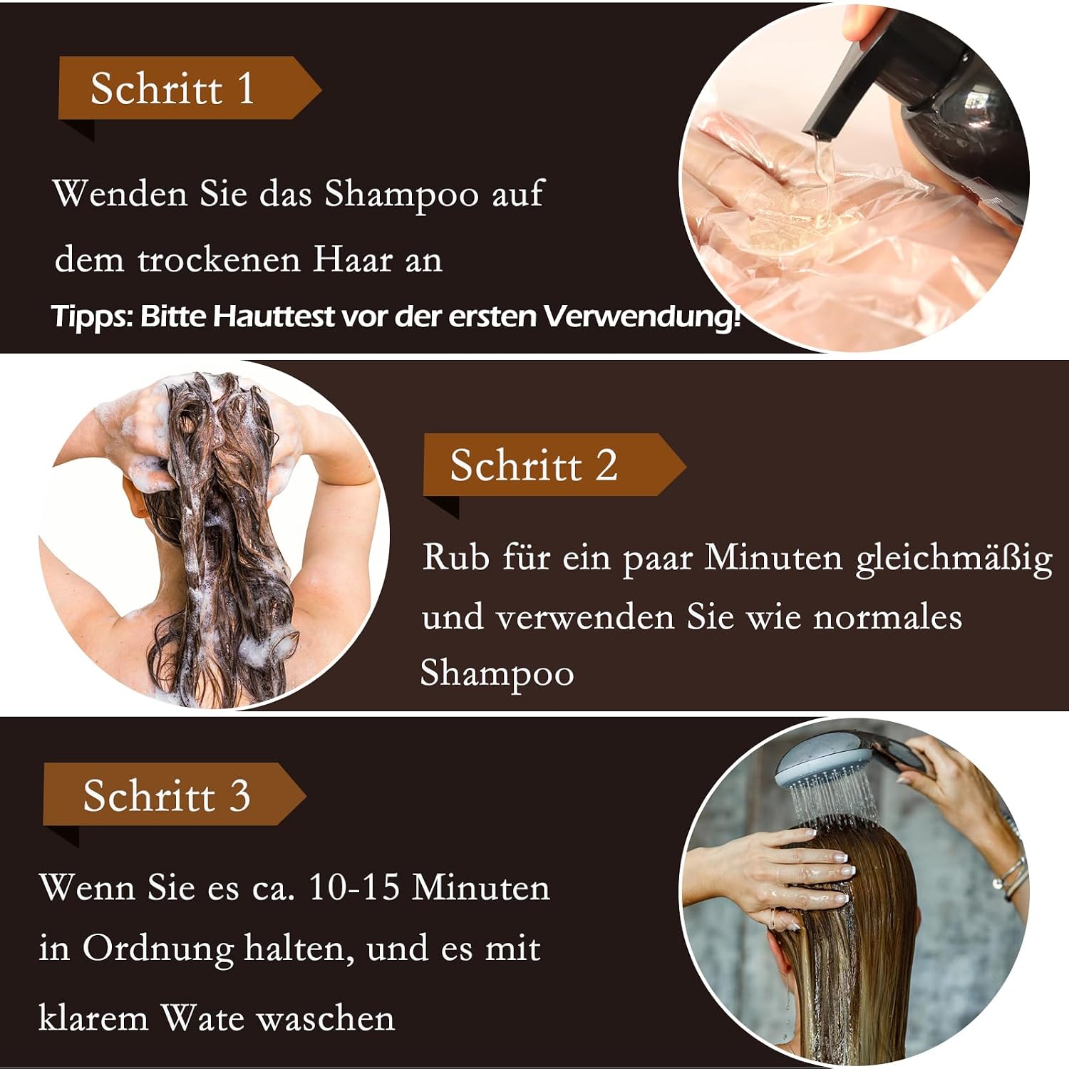 Haarfaerbeshampoo Braun 3-in-1 gegen graue Haare fuer Maenner Frauen