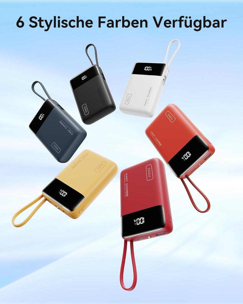 INIU 45W Power Bank 20000 mAh mit integriertem USB‑C Kabel Schnellladen