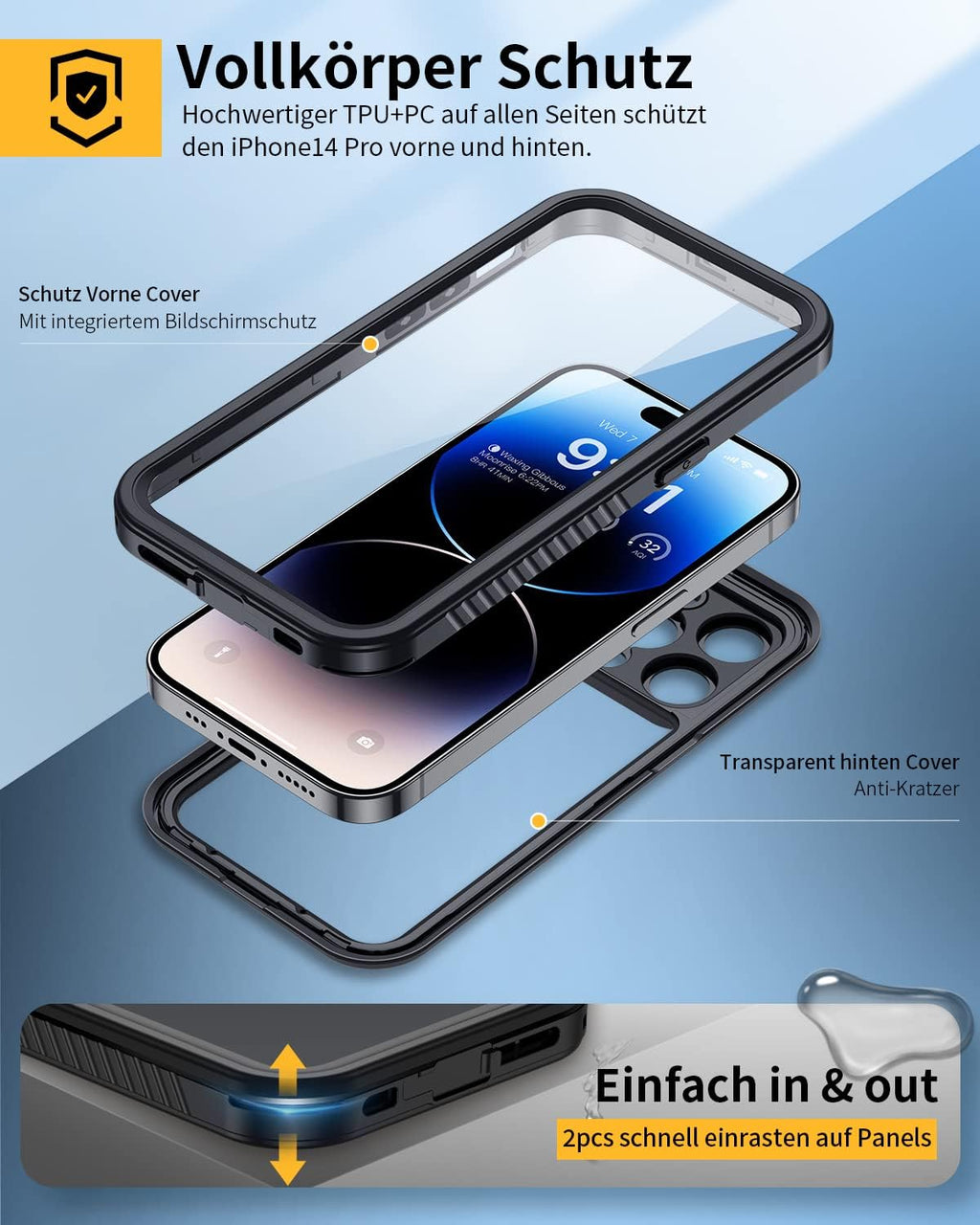 Lanhiem iPhone 15 Huelle IP68 Wasserdicht 360° Ganzkoerper Schutz Stossfest Schwarz