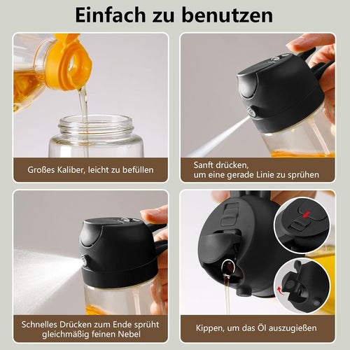 2in1 Oelsprueher Glas 470 ml schwarz fuer Kochen Grill Heissluftfritteuse