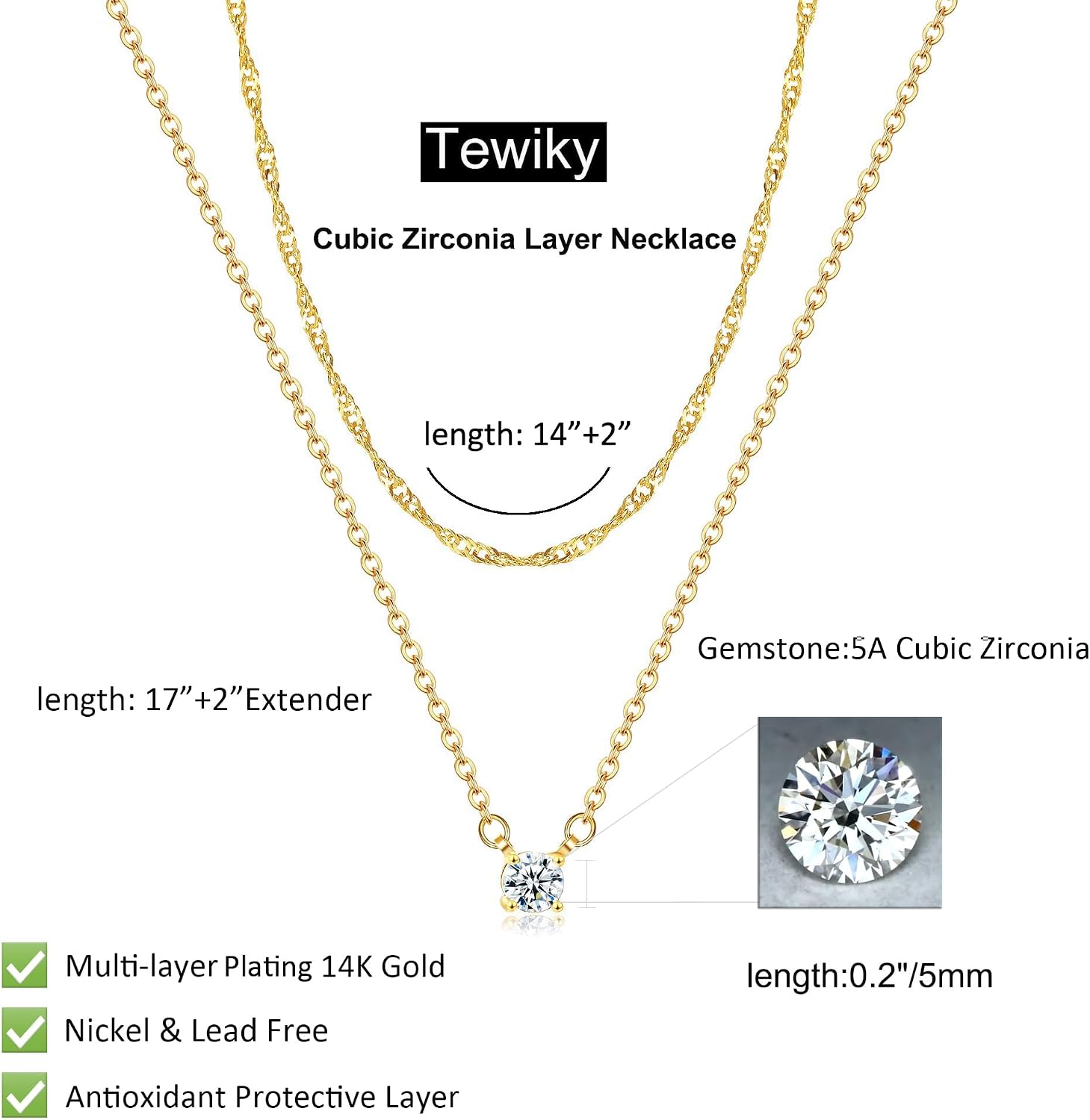Tewiky Damen Layering Kette 14K Gold vergoldet Silber 925 Choker mit Zirkonia