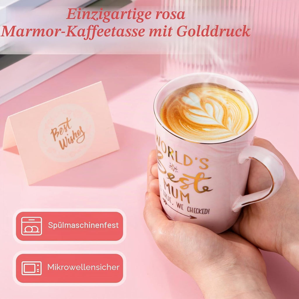 Tasse rosa Marmor mit Deckel Loeffel Geschenkbox Muttertag