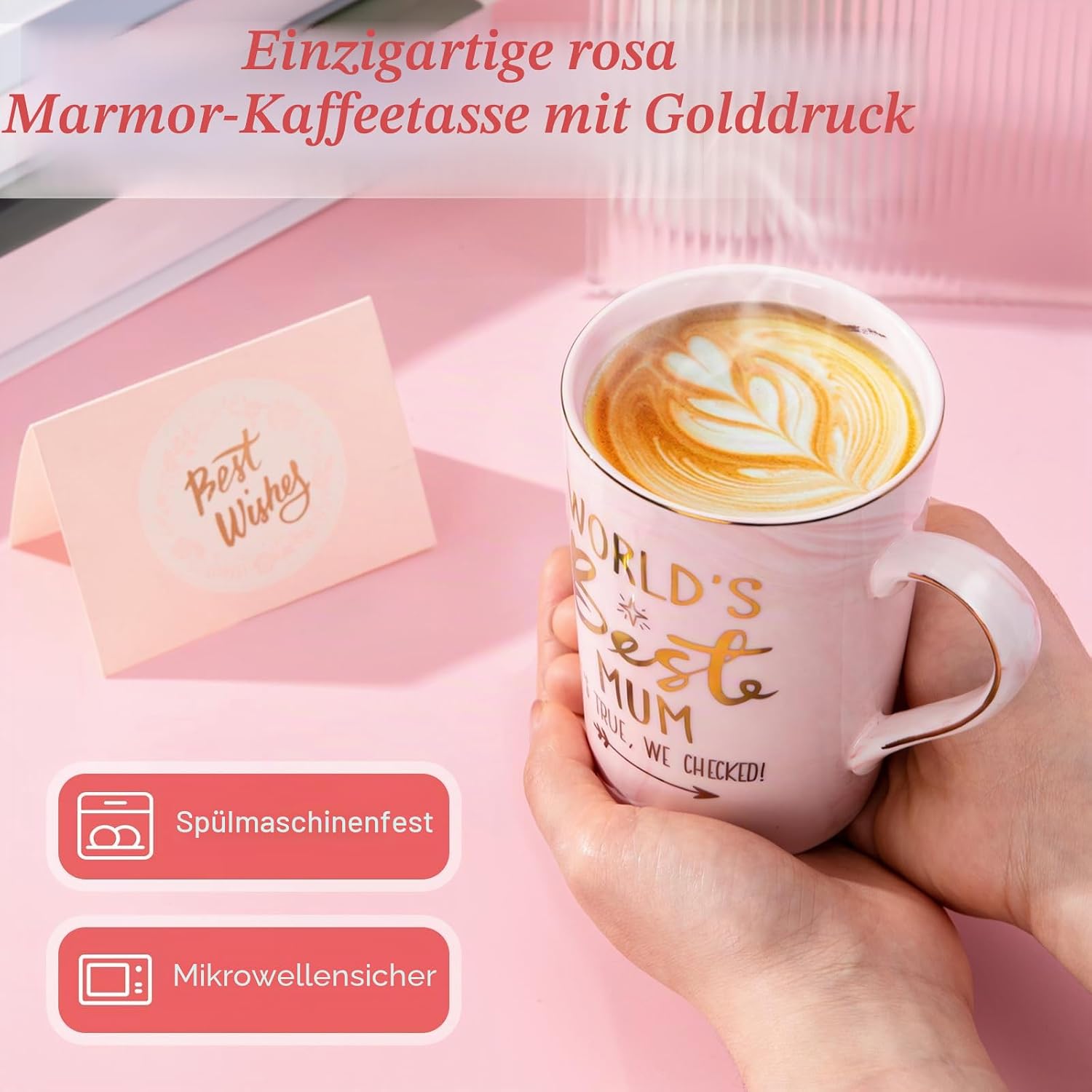 Tasse rosa Marmor mit Deckel Loeffel Geschenkbox Muttertag
