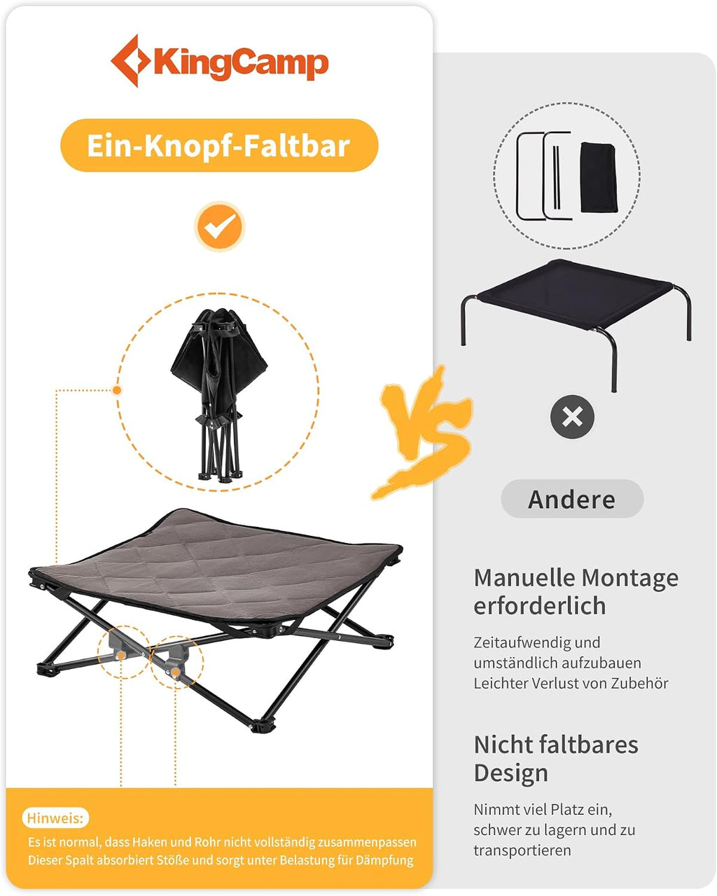 KingCamp erhoehtes Hundebett 77x77x30 cm mit Mesh Wildledermatte rutschfest 23cm