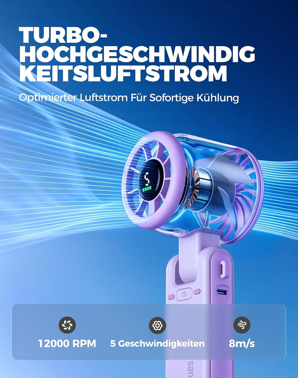Diveblues Tragbarer Turbo Handventilator 9m/s 5 Stufen Akku 3‑in‑1 Hals Tisch