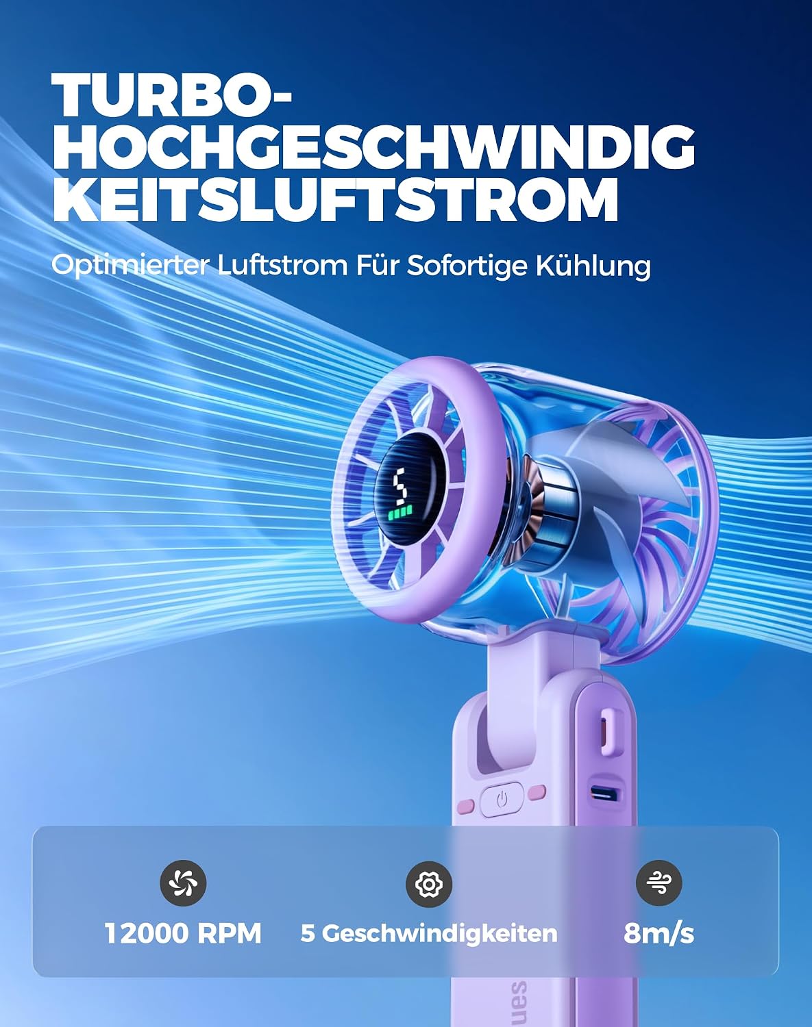 Diveblues Tragbarer Turbo Handventilator 9m/s 5 Stufen Akku 3‑in‑1 Hals Tisch