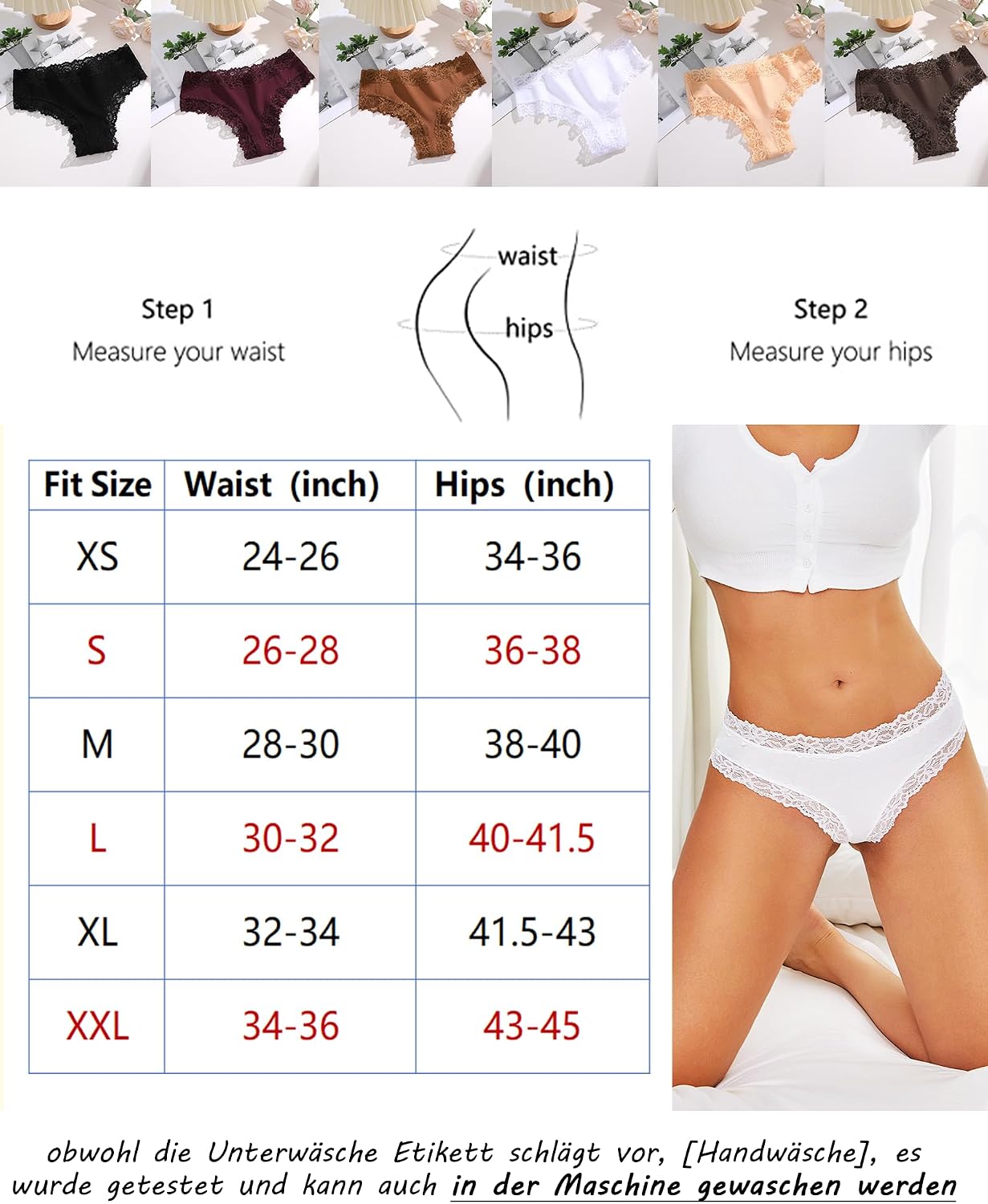 ALL OF SHE Damen Brazilian Slip mit Spitze, Baumwolle, atmungsaktiv, 5er Pack XS