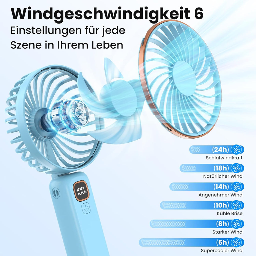 Mini Handventilator USB mit LCD, 6 Stufen, 4000 mAh Akku, 110° neigbar