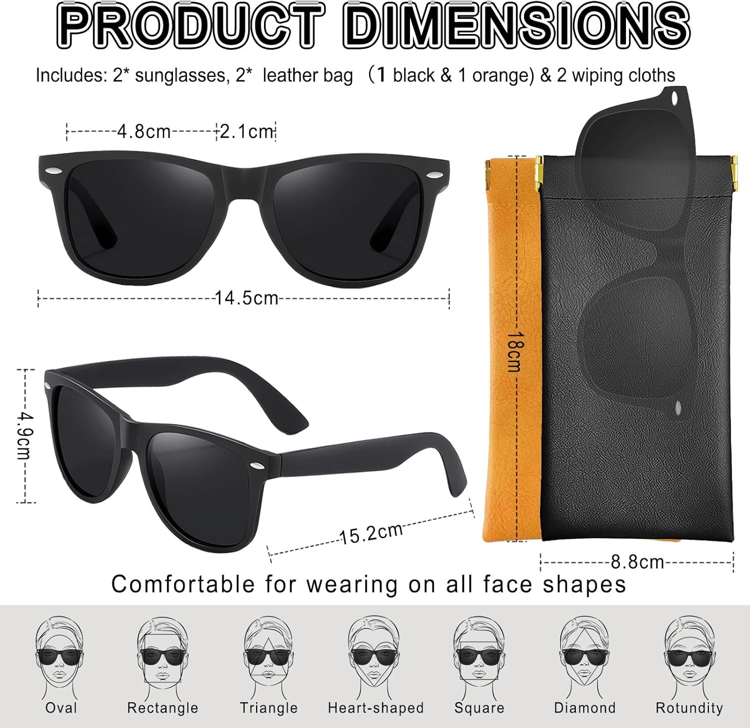 Polarisiert Sonnenbrille Herren Damen UV400 rechteckig Schwarz mit Etui