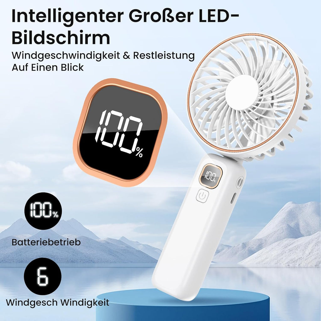 Mini Handventilator USB mit LCD, 6 Stufen, 4000 mAh Akku, 110° neigbar