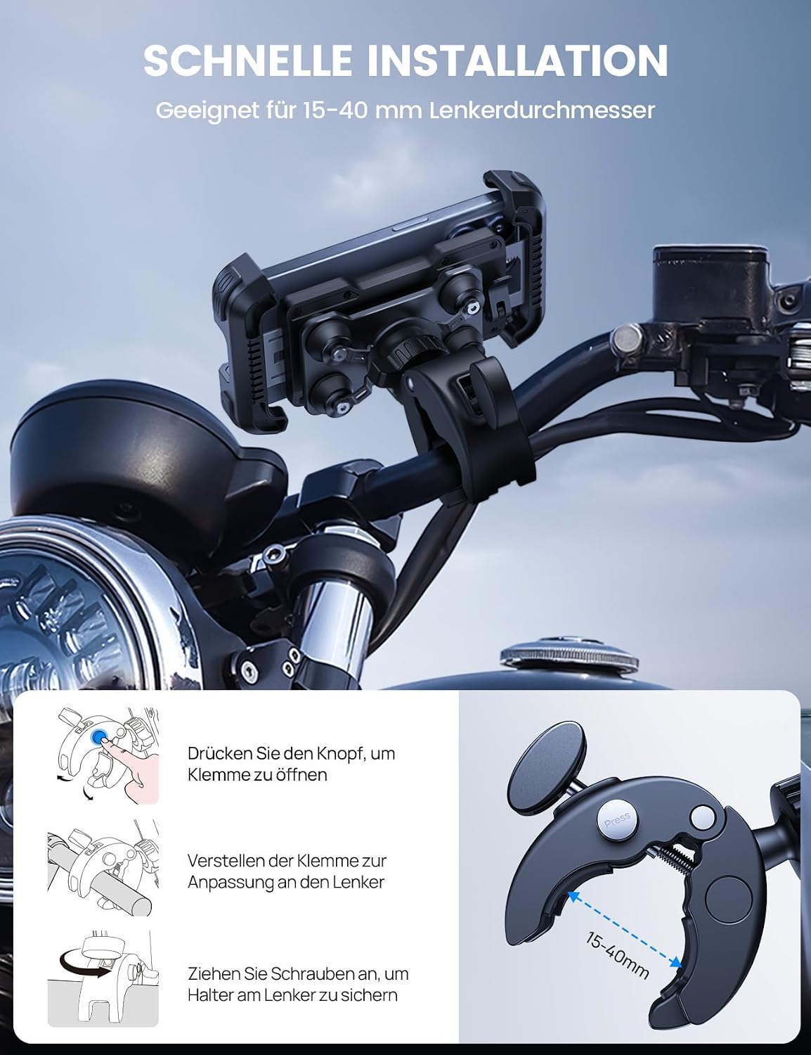 Motorrad Handyhalterung mit Vibrationsdaempfer 360° Lenkerhalter