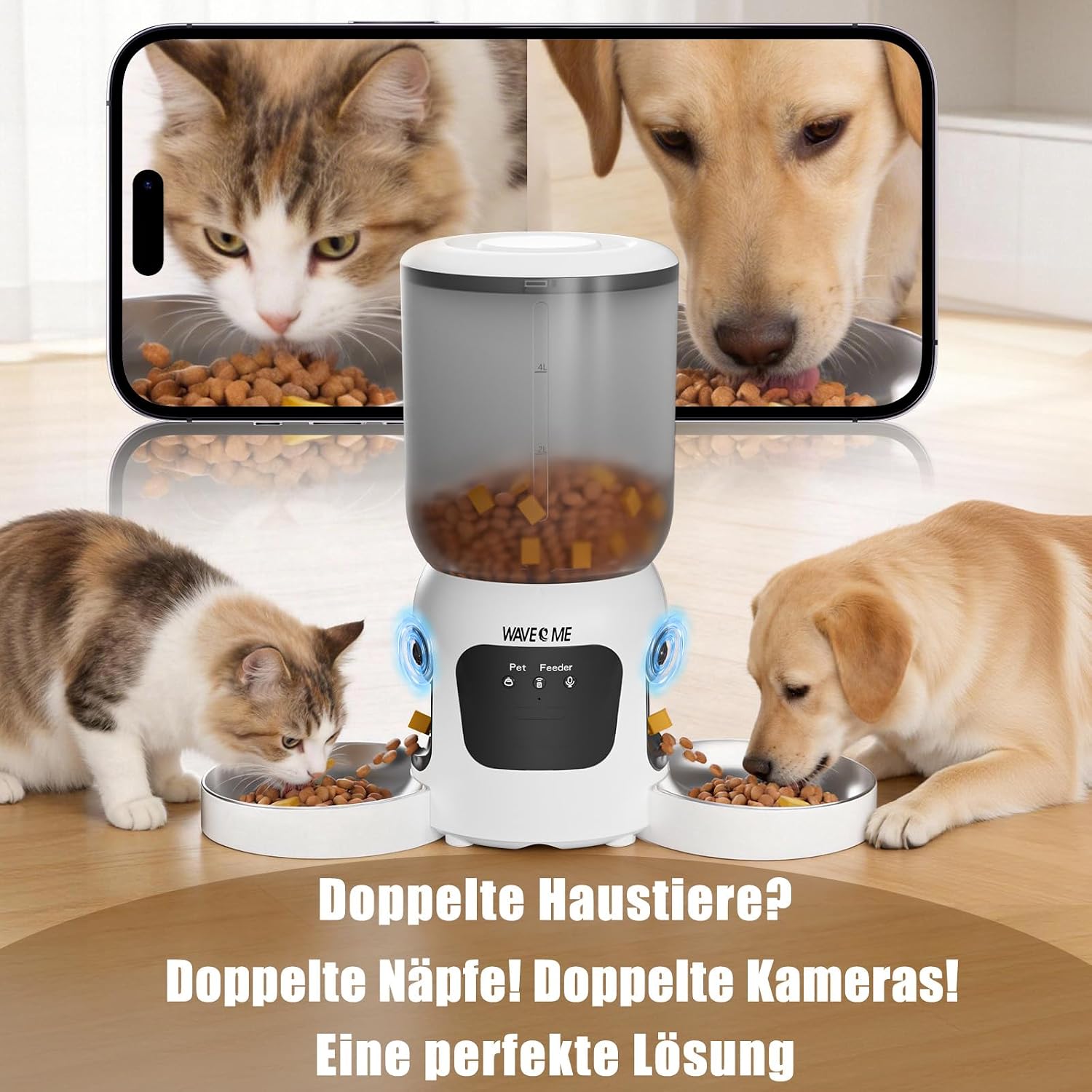 Futterautomat fuer Katzen und Hunde mit App Steuerung und Sprachaufnahme