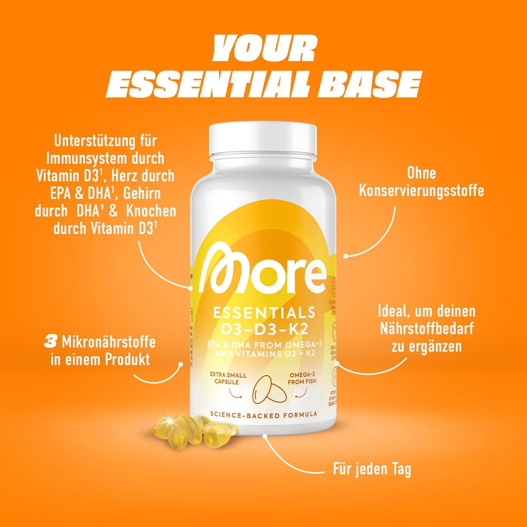 MORE Essentials O3-D3-K2 Fischoel 60 Kapseln EPA 500mg DHA 250mg Vitamin D3 K2
