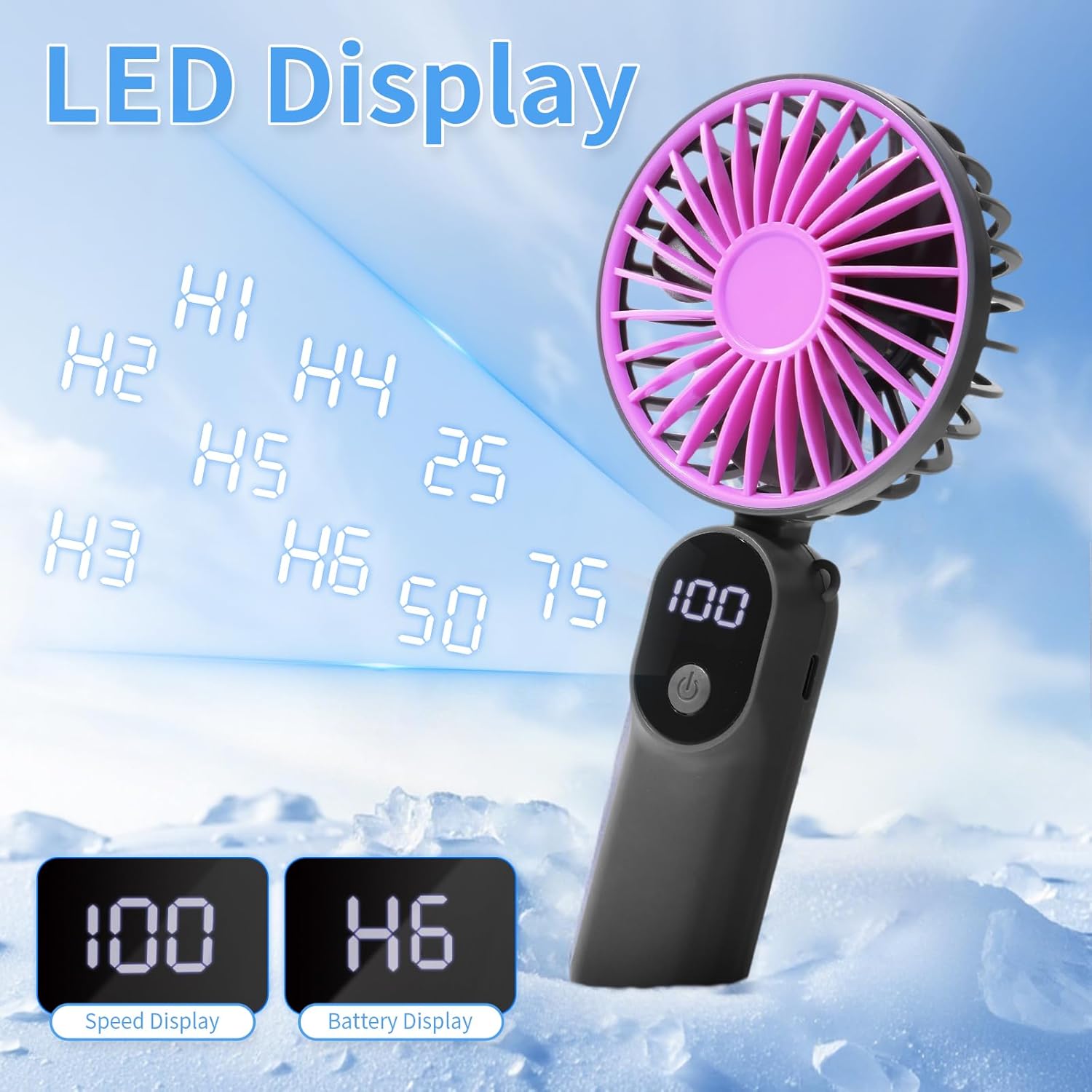 CNMTCCO Handventilator faltbar wiederaufladbar 6 Stufen LED-Anzeige USB Dunkelbl