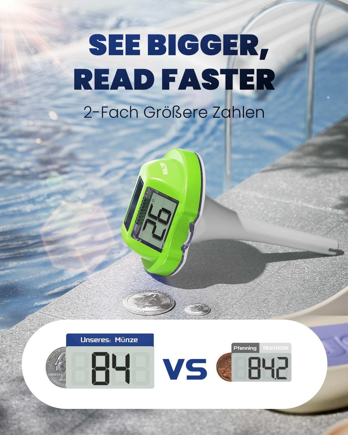 BALDR Solarschwimmer Poolthermometer mit zwei Displays, IPX7 wasserdicht
