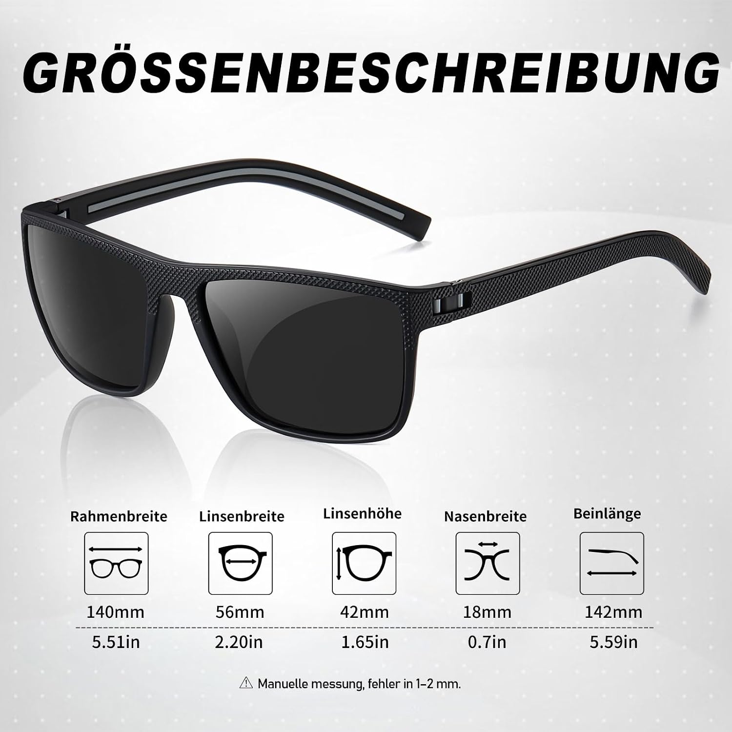 Polarisierte Sport-Sonnenbrille UV400 Herren Damen rechteckig Schwarz