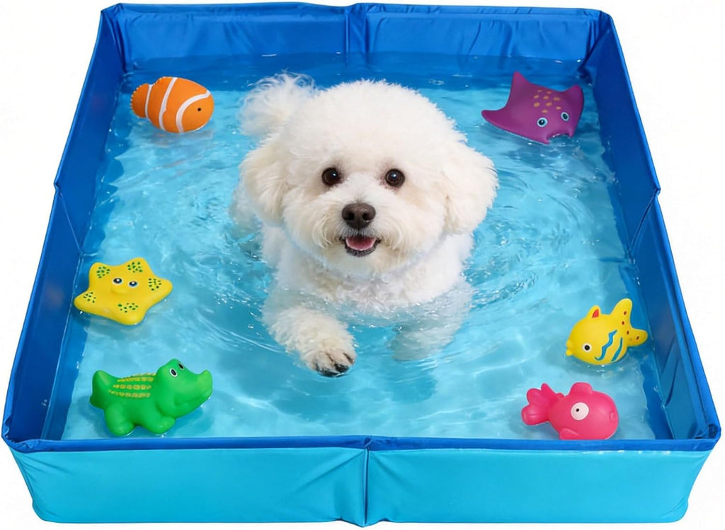 Faltbarer Hundepool 50x50x10 cm aus PVC mit 6 Fischspielzeug fuer kleine Hunde Ka