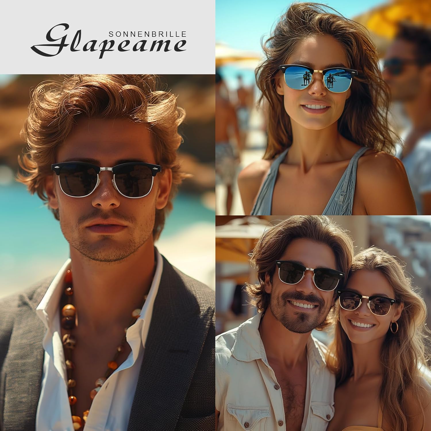 Polarisierte Sonnenbrille Herren Damen Halbrahmen Schwarz UV400 Retro