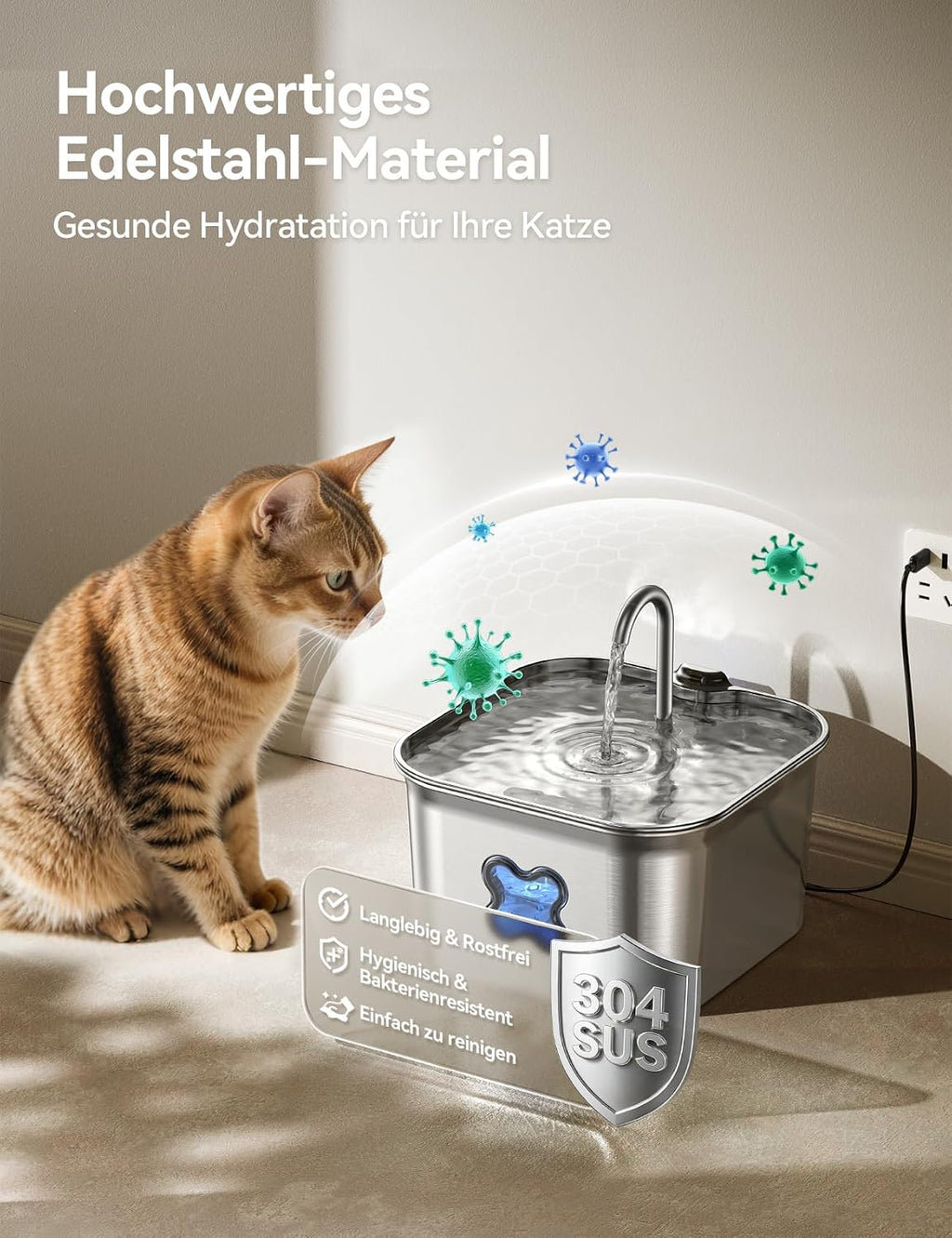 FEELNEEDY Katzenbrunnen Edelstahl 2,8L mit 4-fach Filter leise mit LED