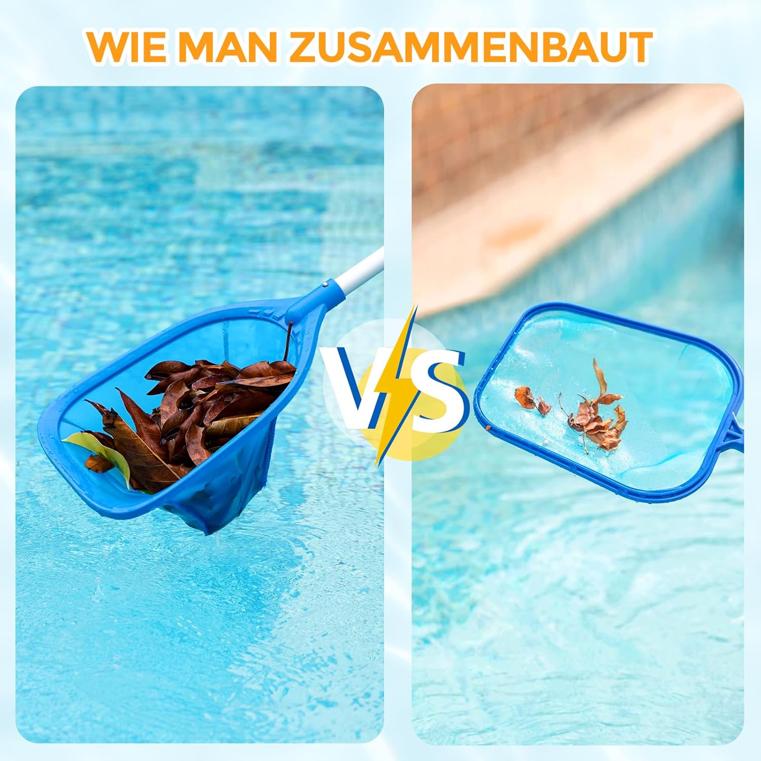 Pool Kescher Set mit 1,14 m Teleskopstange, Feinnetz Skimmer fuer Pool Teich