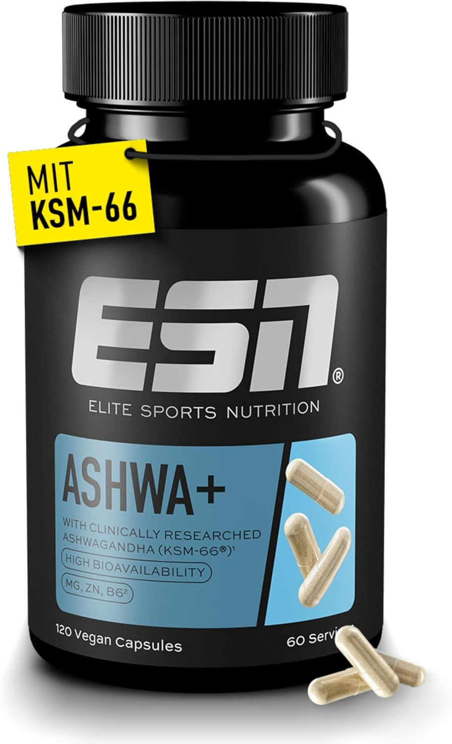 ESN Ashwa+ Ashwagandha KSM‑66 120 Kapseln mit Magnesium B6 Zink 86g
