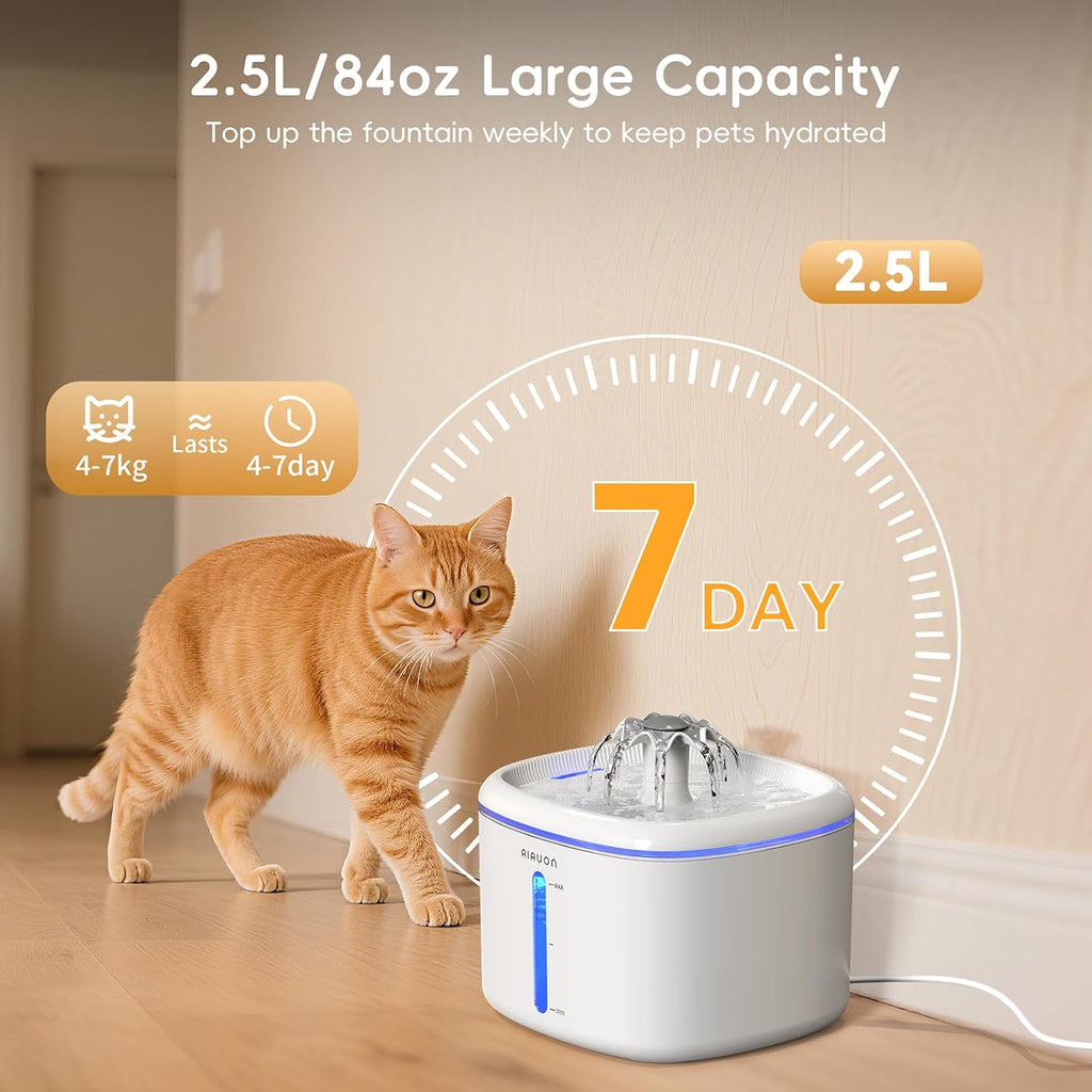 Katzen Trinkbrunnen leise mit LED Wasserstand und 2 Ersatzfiltern Weiss