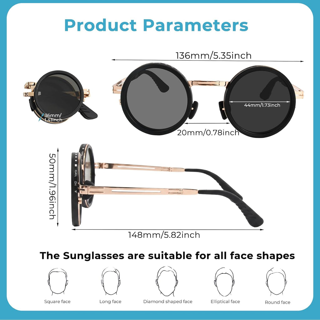 Faltbare runde Sonnenbrille mit 9-stufigem ND-Filter UV400 TAC Glaeser Metallrahm