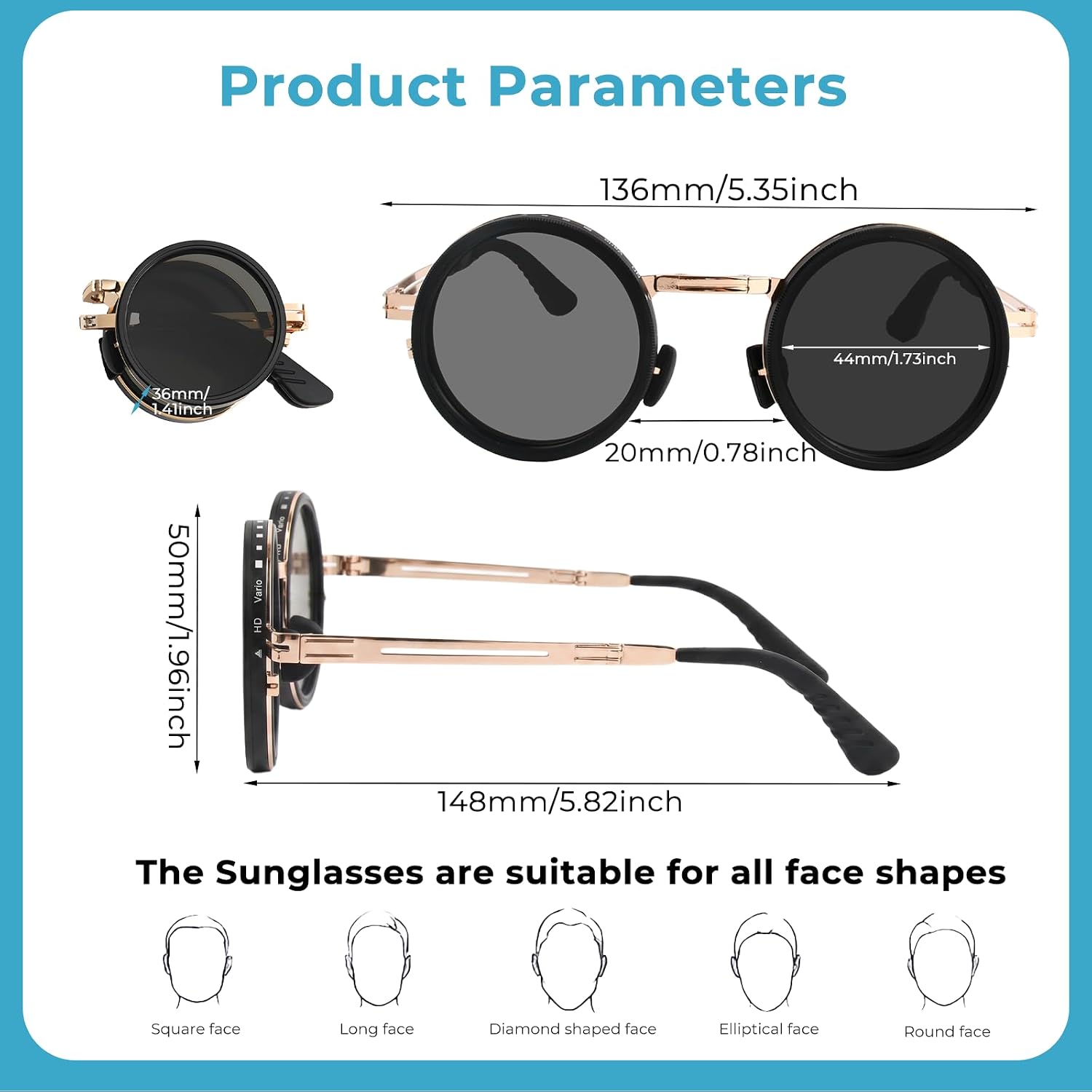Faltbare runde Sonnenbrille mit 9-stufigem ND-Filter UV400 TAC Glaeser Metallrahm