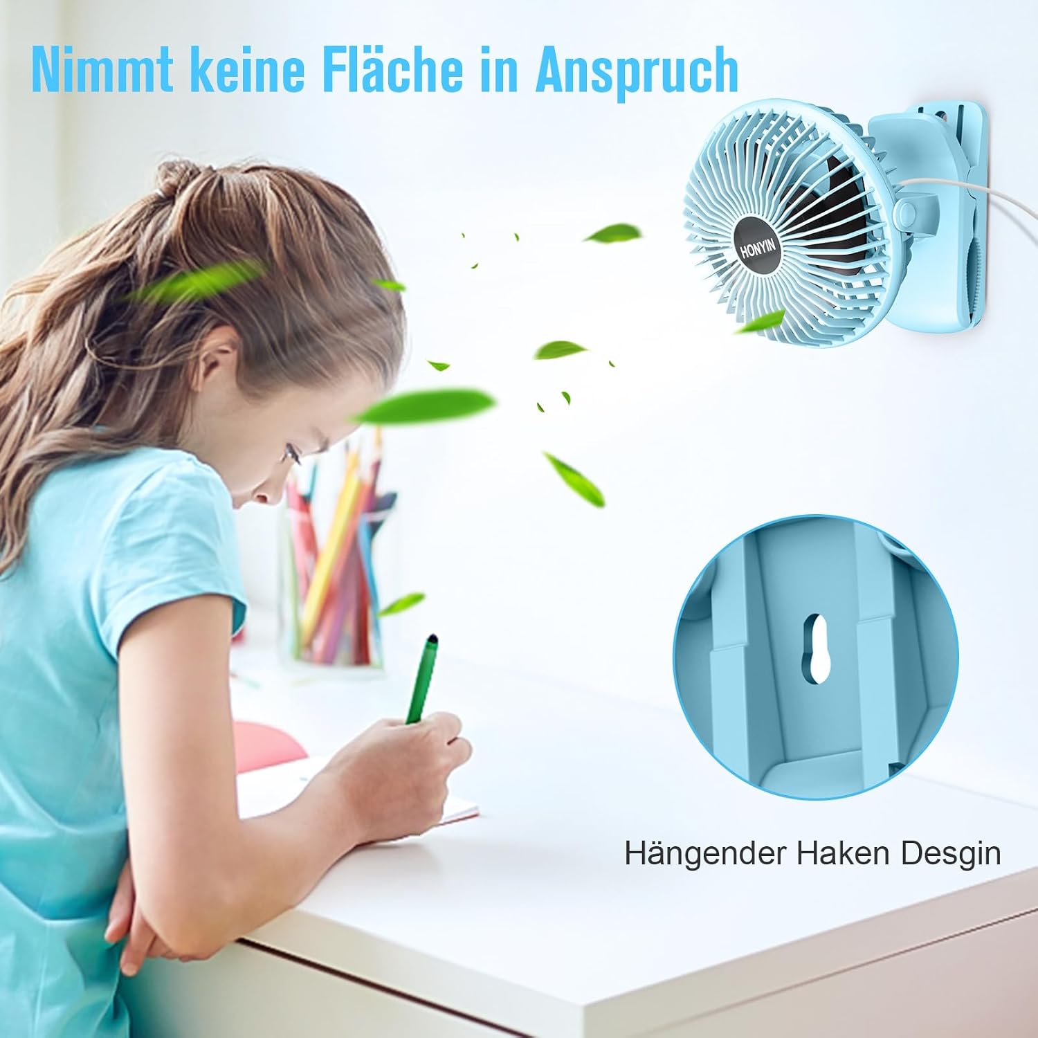 HONYIN Mini Ventilator mit Clip 720° drehbar USB 3 Stufen starke Klammer