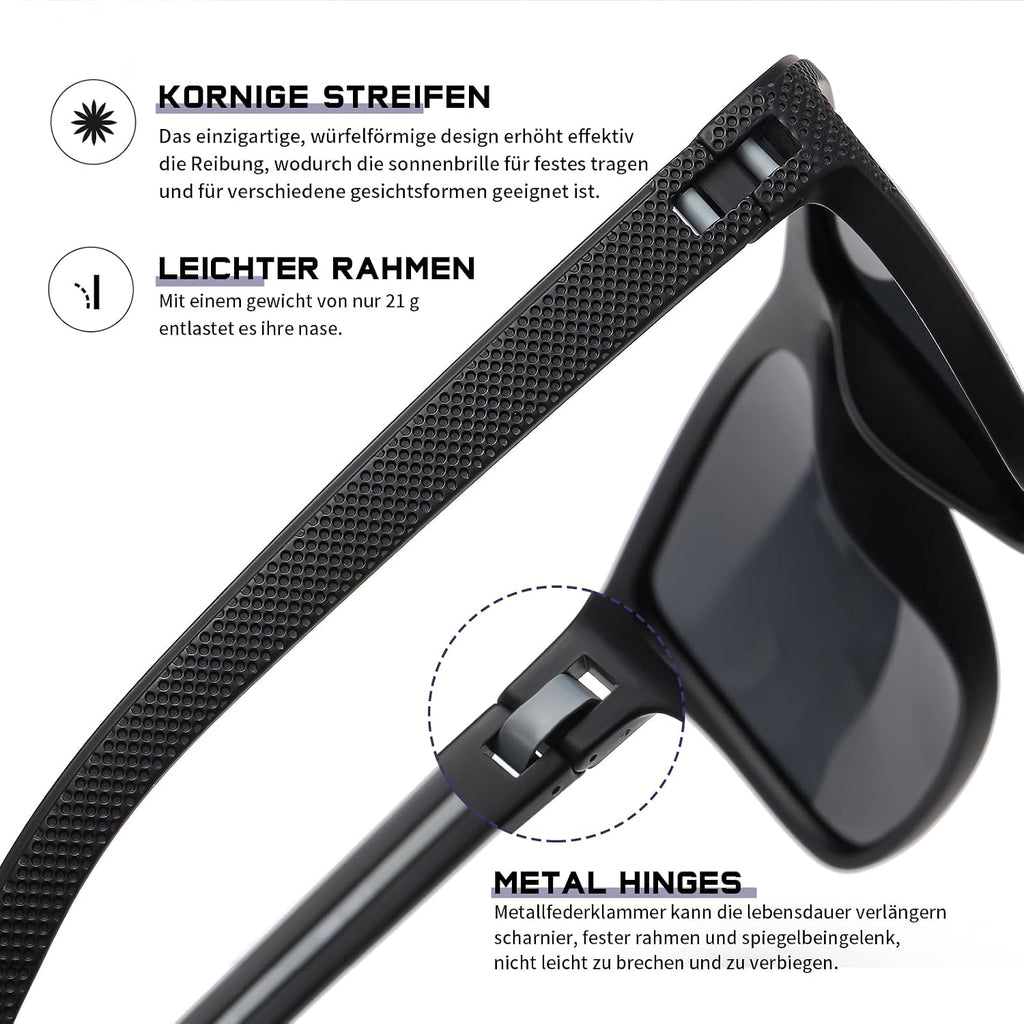 Polarisierte Sport-Sonnenbrille UV400 Herren Damen rechteckig Schwarz